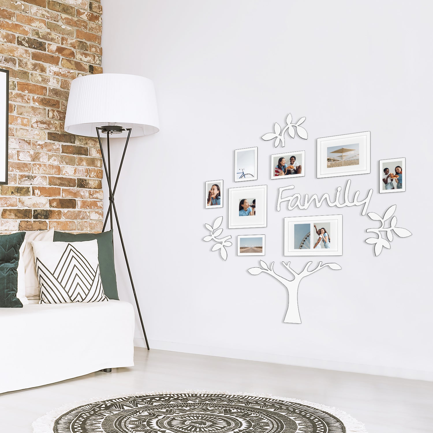 J.M.Deco 13 Pack Family Tree Photo Frame Collection with Lvory Mat Set Photo Size One 4''x4'' Five 4''x6'' Three 5''x7''  PVC-Wall Mounting Picture Frame for Home Living Room Bedroom 3D Design white in use