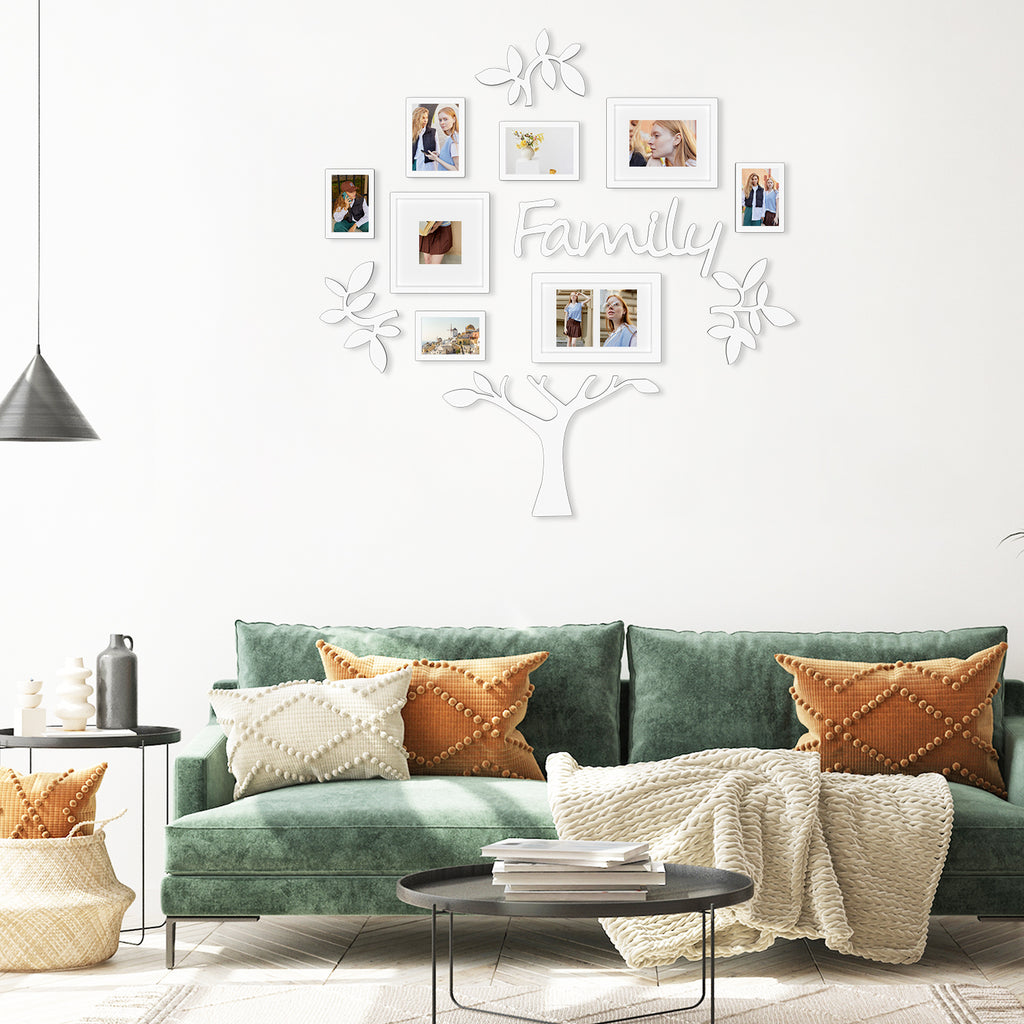 J.M.Deco 13 Pack Family Tree Photo Frame Collection with Lvory Mat Set Photo Size One 4''x4'' Five 4''x6'' Three 5''x7''  PVC-Wall Mounting Picture Frame for Home Living Room Bedroom 3D Design white photo frame 