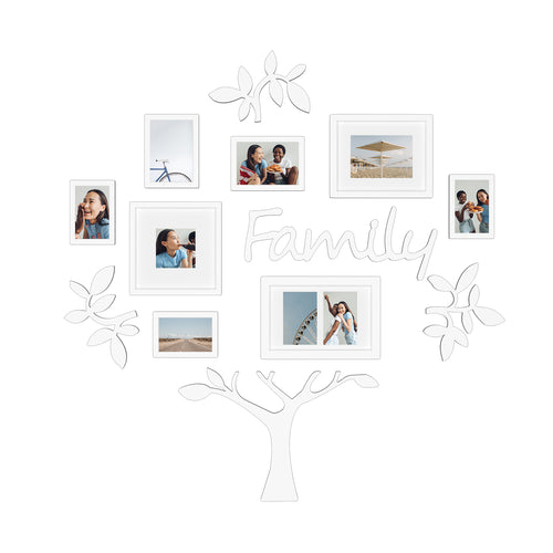 J.M.Deco 13 Pack Family Tree Photo Frame Collection with Lvory Mat Set Photo Size One 4''x4'' Five 4''x6'' Three 5''x7''  PVC-Wall Mounting Picture Frame for Home Living Room Bedroom 3D Design white