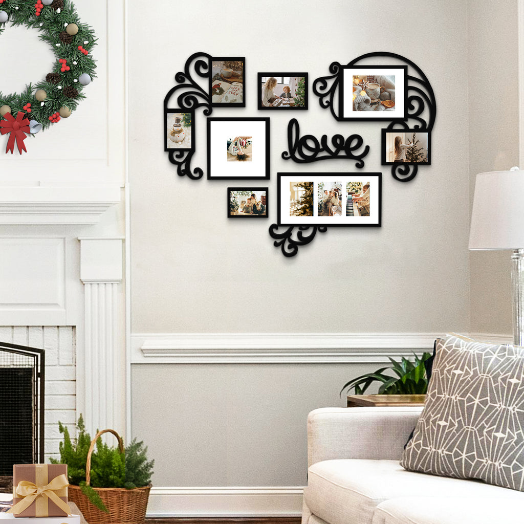 J.M.Deco Picture Frame Collage Large Wall Hanging Photo Frames Elegant Heart Collage Frame Gifts for Family Friends 4x6 inch Home Wall Decor Gallery Display (Black -Heart Shape) display