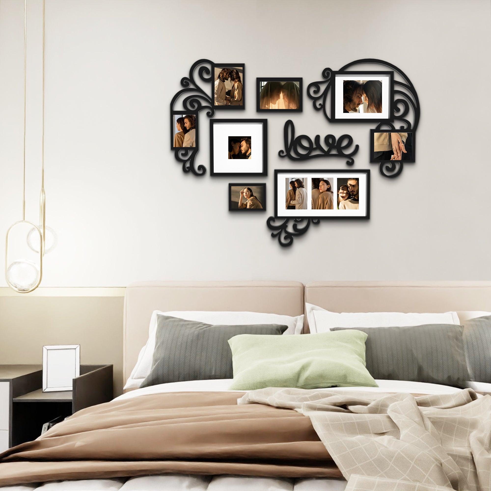J.M.Deco Picture Frame Collage Large Wall Hanging Photo Frames Elegant Heart Collage Frame Gifts for Family Friends 4x6 inch Home Wall Decor Gallery Display (Black -Heart Shape) in use