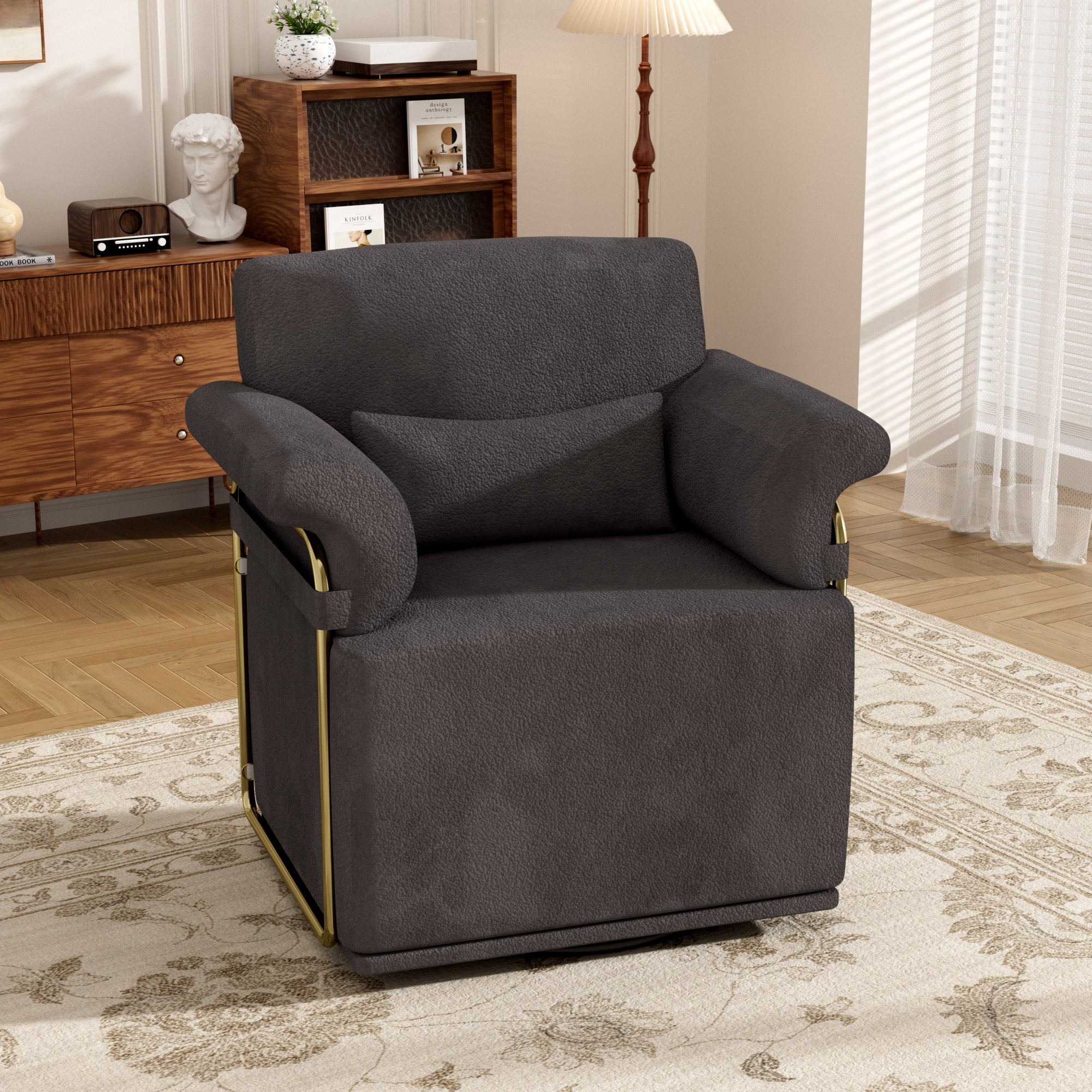 J.M.Deco Classic Square Swivel Recliner Chair  Armchair Manual Rocking Recliner- Upholstered Living Room Rocker for Living Room & Small Spaces black in use