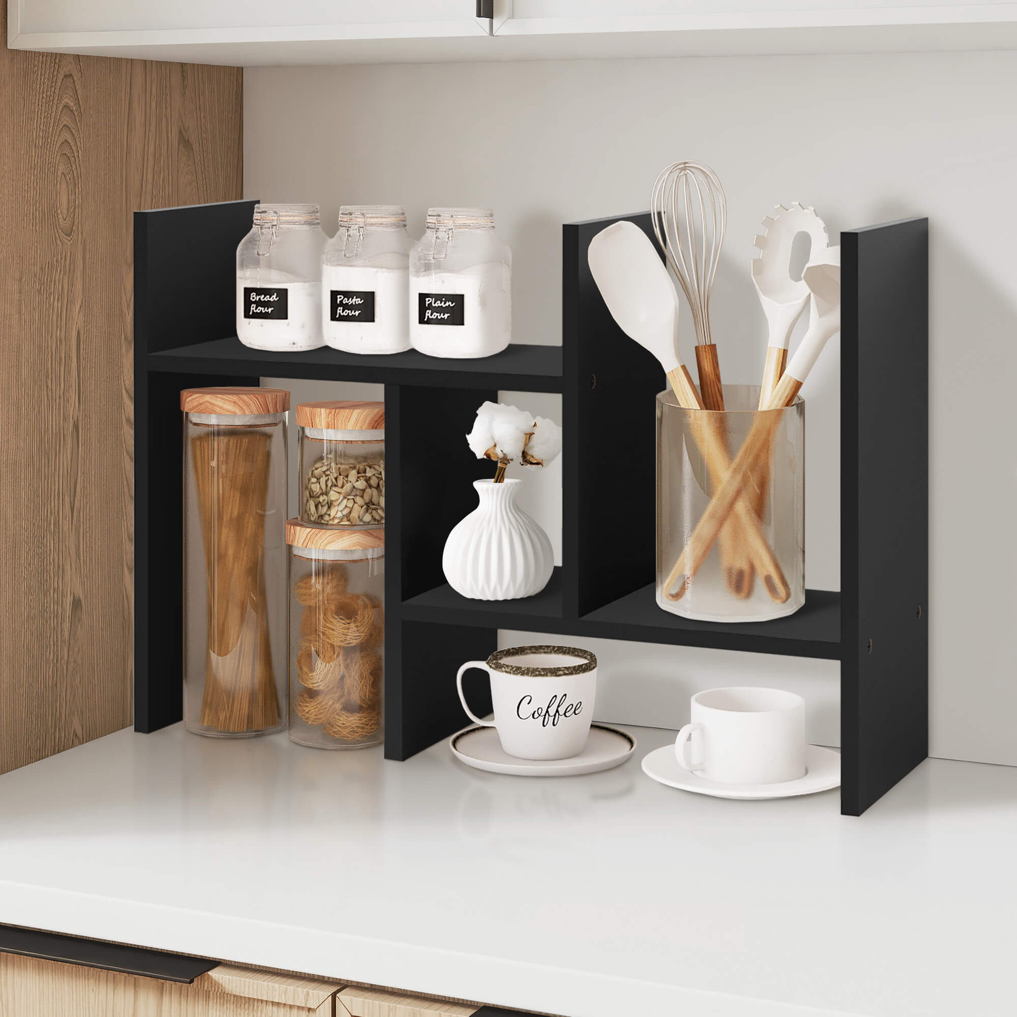 J.M.Deco Adjustable H-Shape Wood Desktop Organizer Shelf black in use
