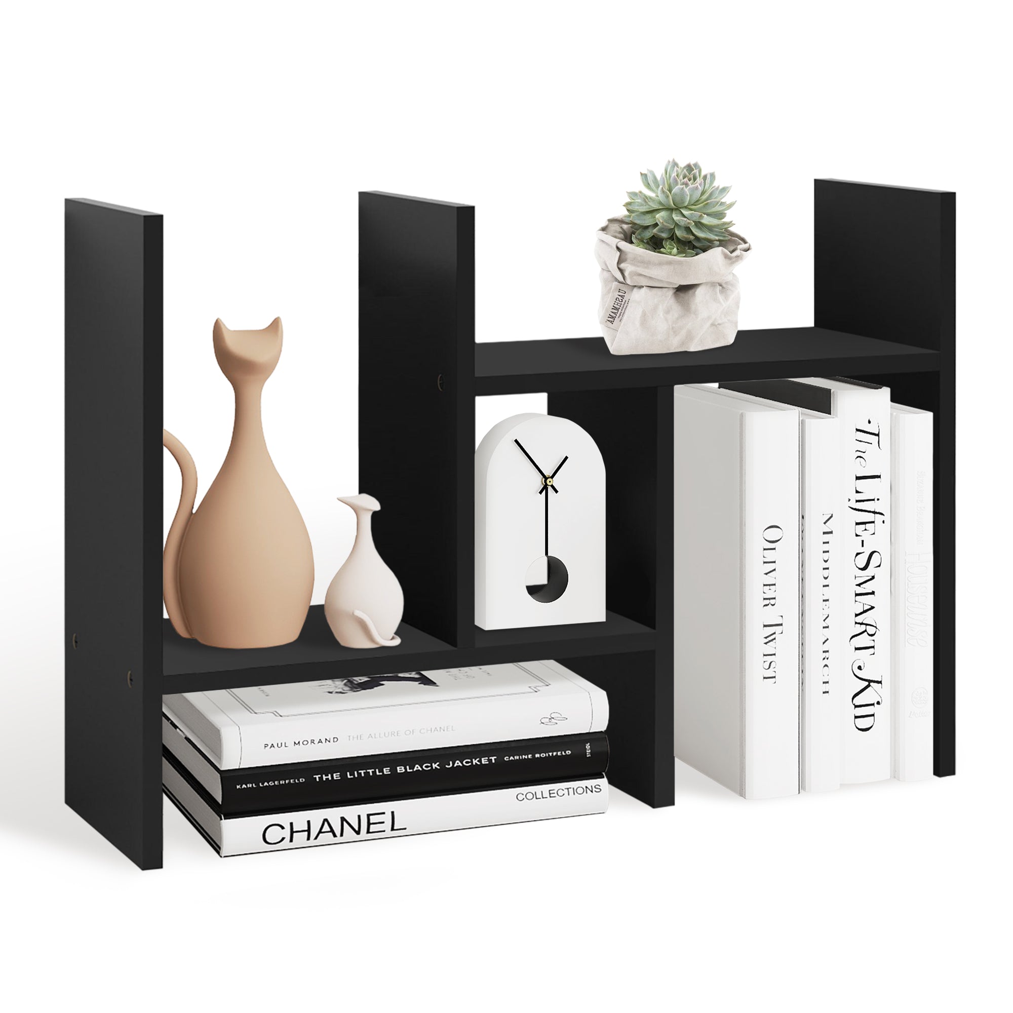 J.M.Dco Adjustable Double H Shaped Natural Wood Desktop Organizer Shelf  Office Storage Stand black