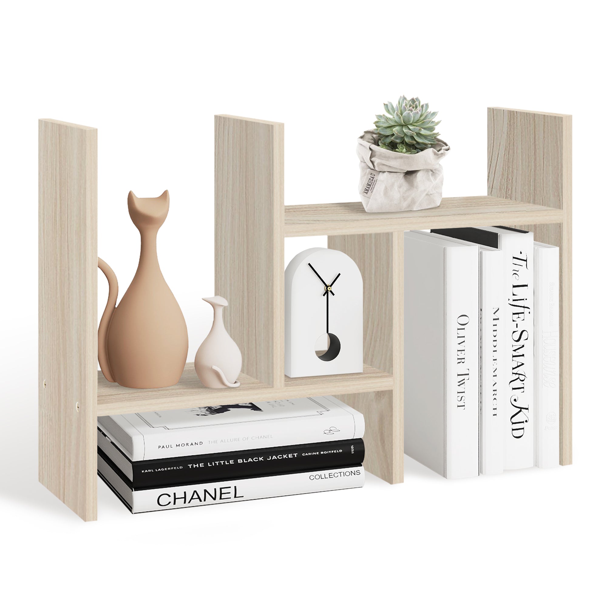 J.M.Dco Adjustable Double H Shaped Natural Wood Desktop Organizer Shelf  Office Storage Stand white wood tone