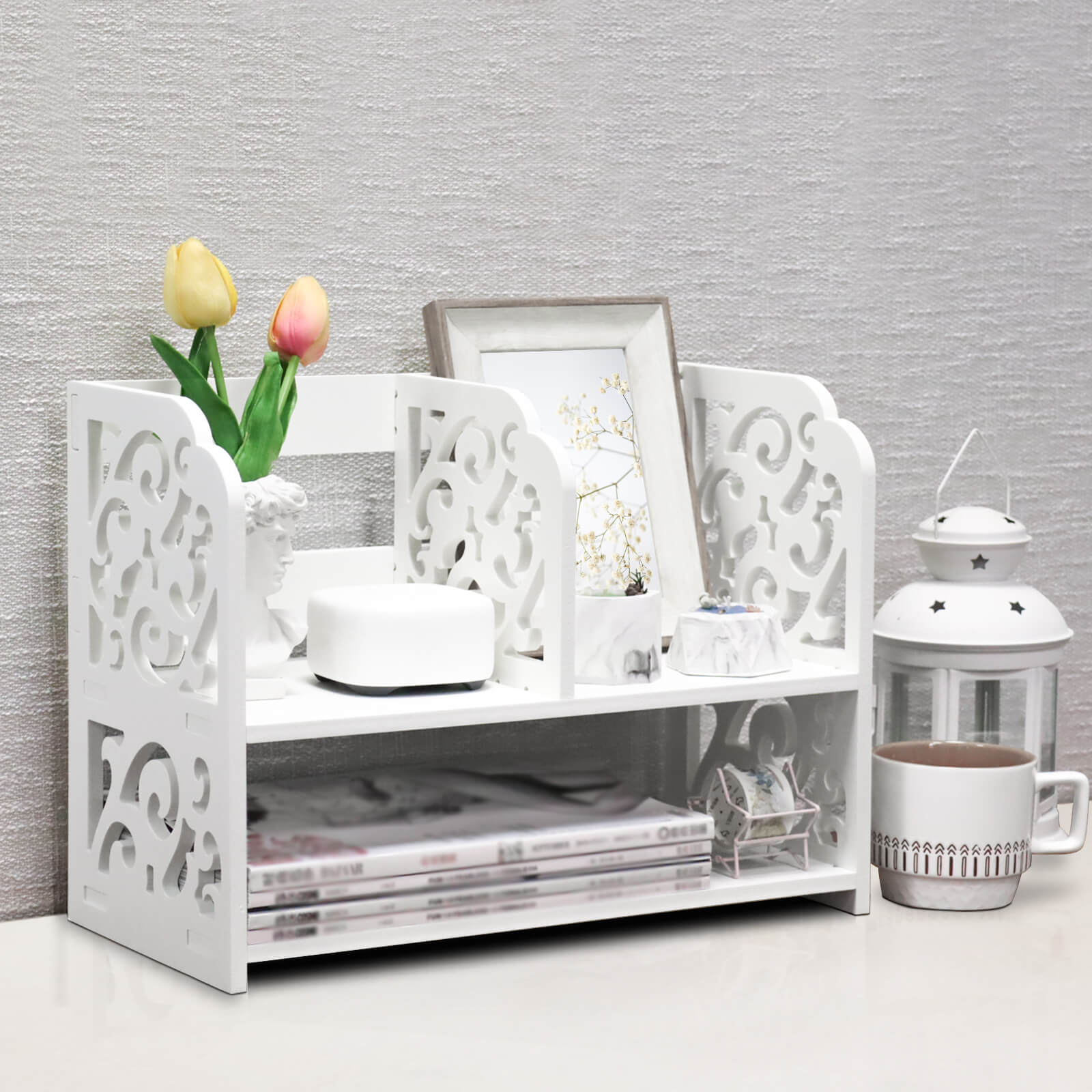 J.M.Deco Vintage Hollow Desktop Organizer   WPC White Desk Shelf Rack DISPLAY