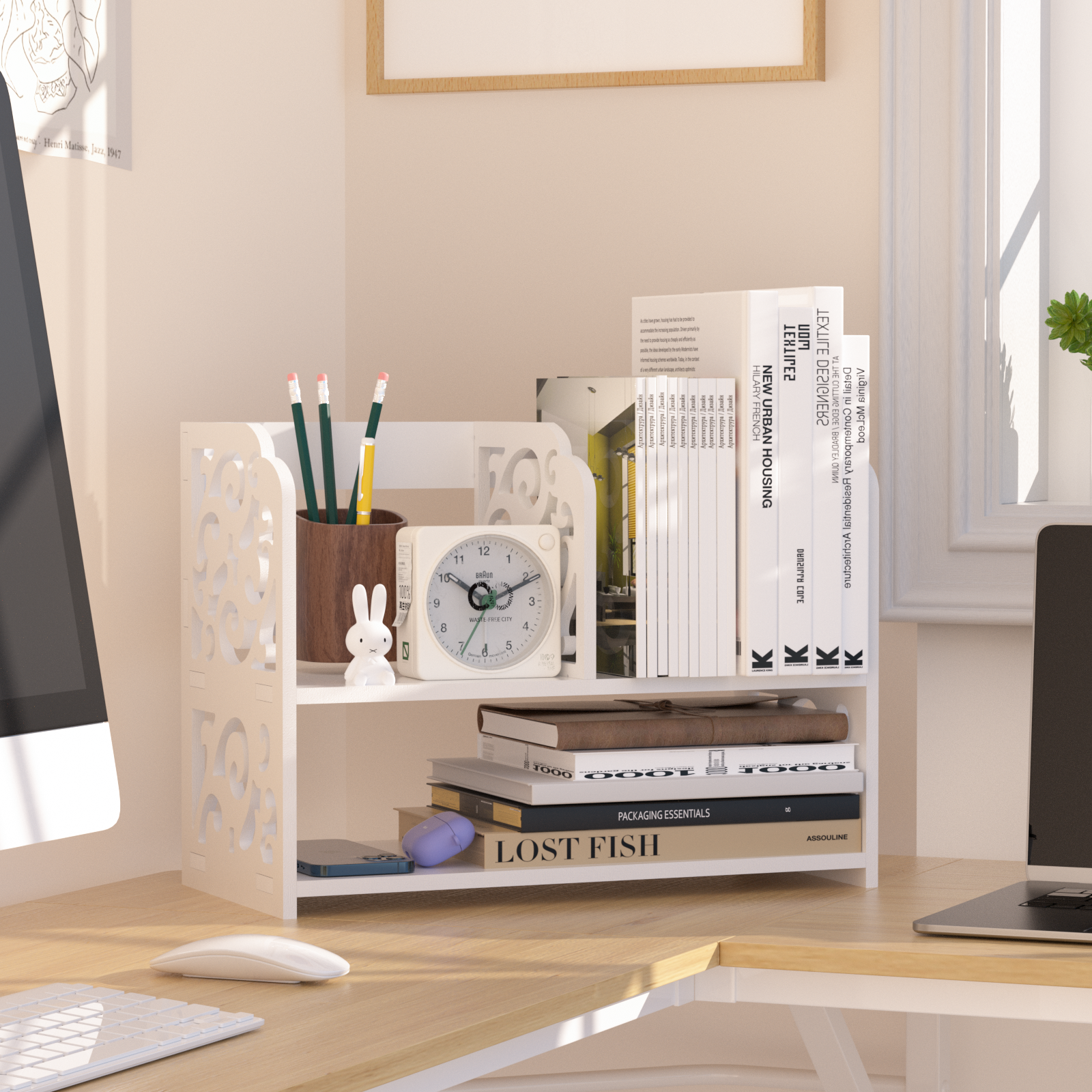 J.M.Deco Desktop Organizer  Hollow Pattern Vintage Desk Storage Rack Cup Storage Rack White Desktop Shelf Organizer for Home Office Desk Furniture MAIN