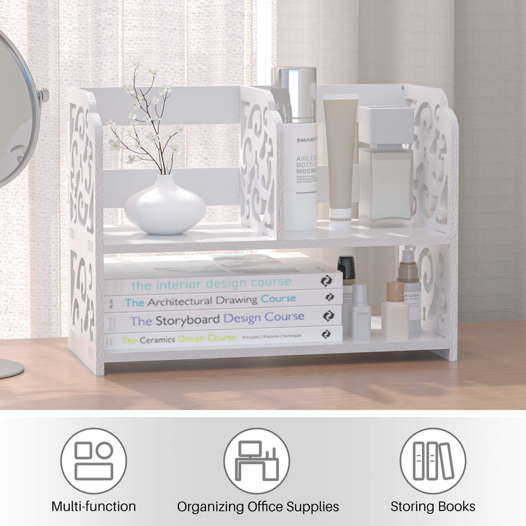 J.M.Deco Vintage Hollow Desktop Organizer   WPC White Desk Shelf Rack function