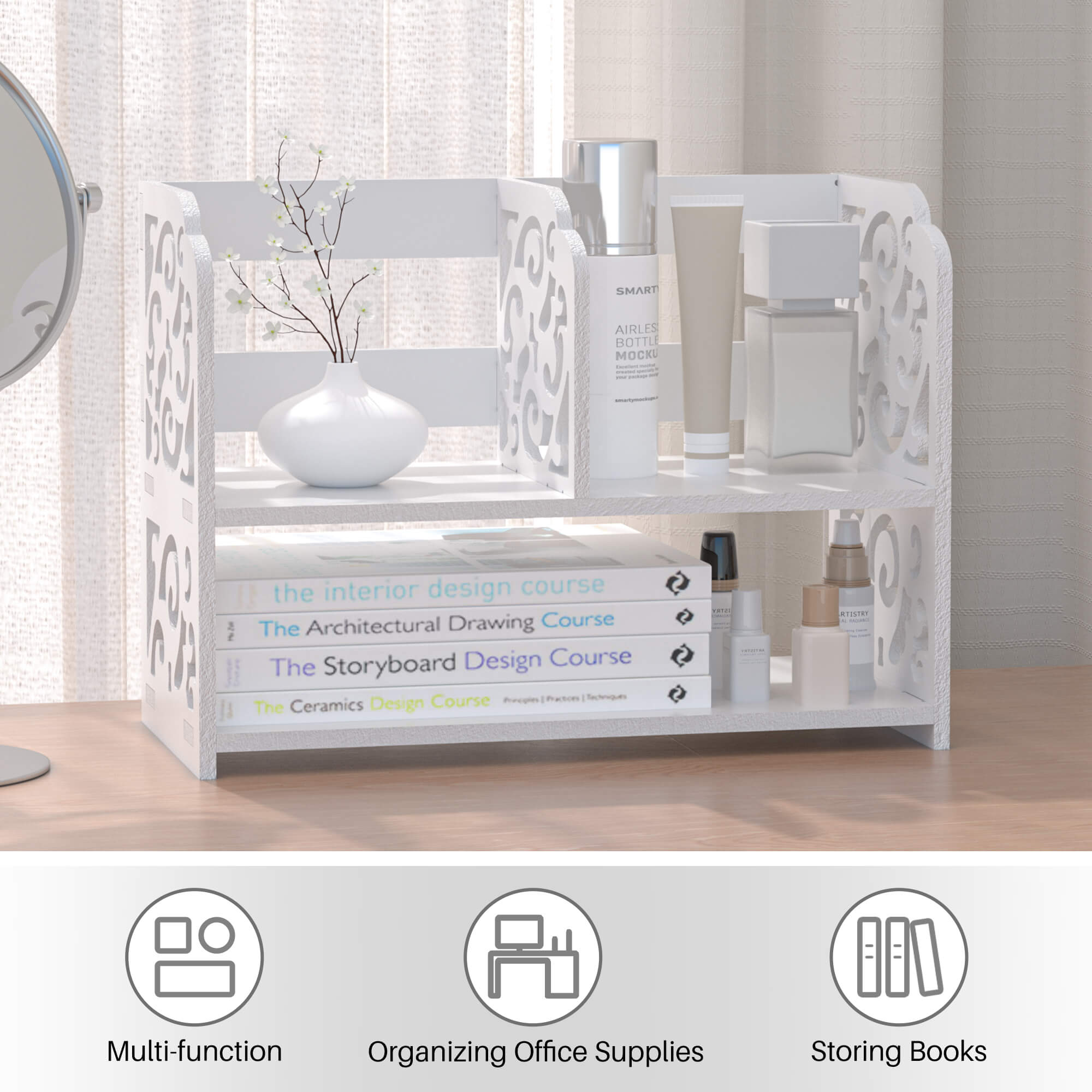J.M.Deco Vintage Hollow Desktop Organizer   WPC White Desk Shelf Rack function