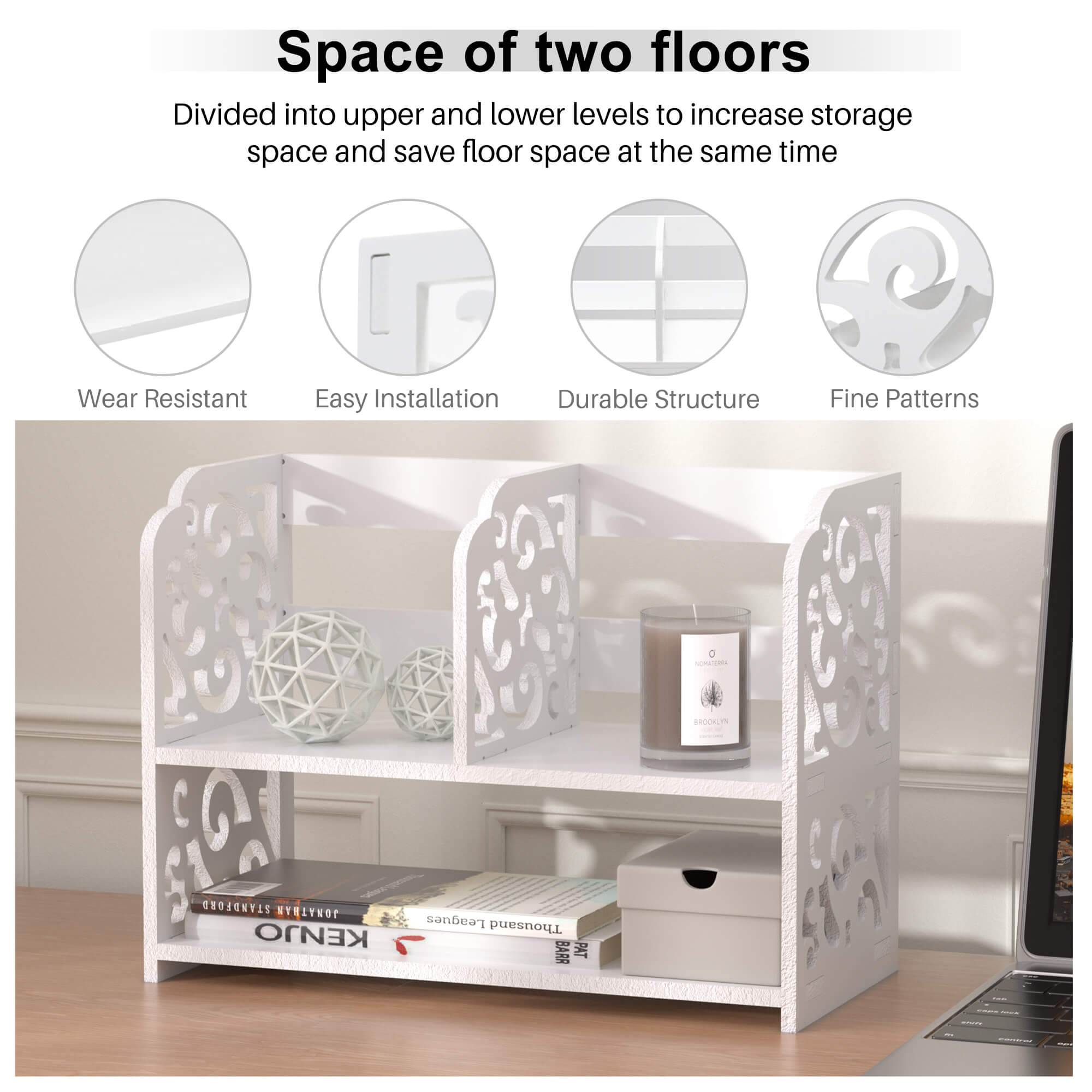 J.M.Deco Vintage Hollow Desktop Organizer   WPC White Desk Shelf Rack details