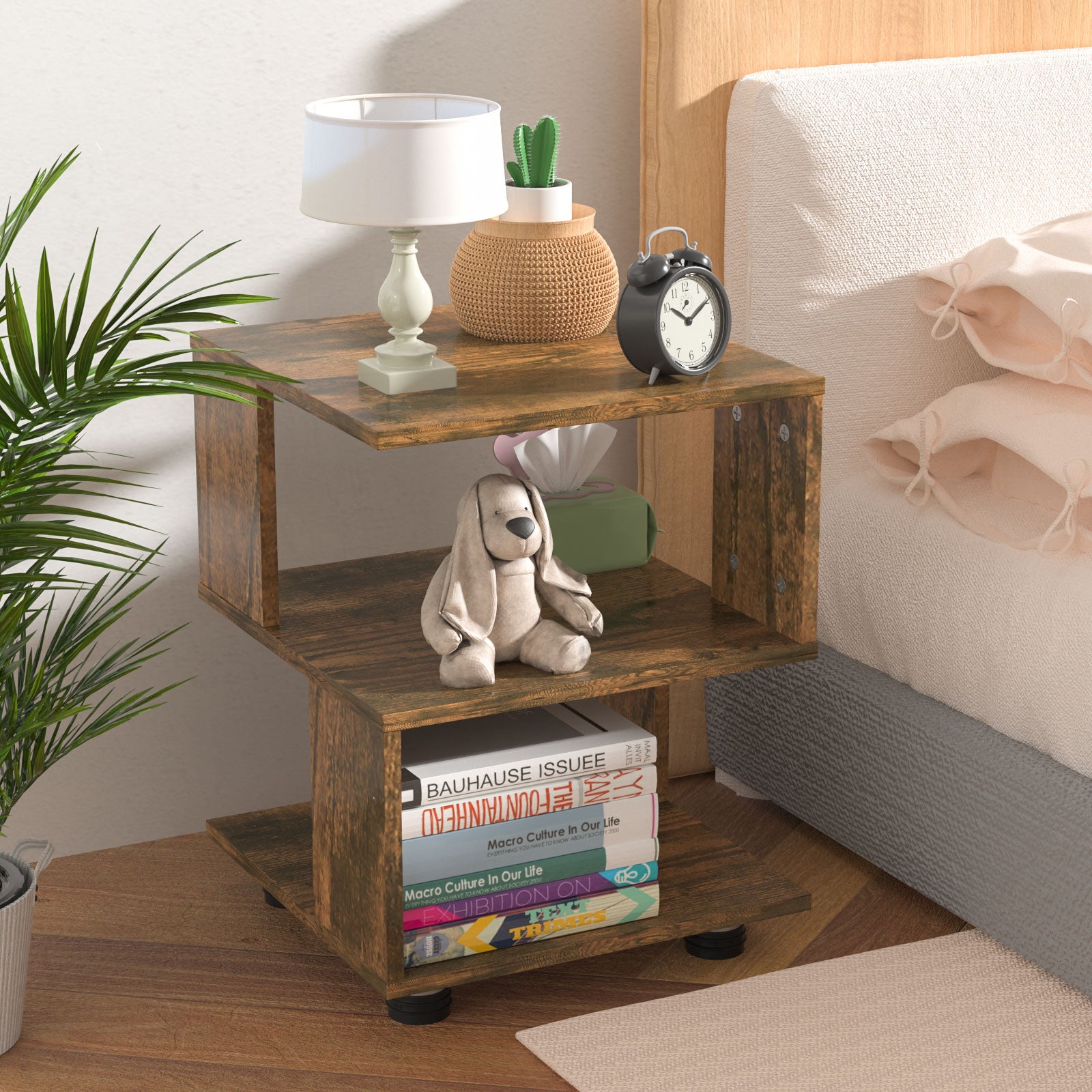 J.M.Deco BROWN & BEIGE Nightstand Japanese Tatami Style Small End Table 2 Tiers Sofa Side Table for Livingroom  Rectangle Hollow Design Night Stand Storage Rustic Bedside Table for Bedroom in the bedroom