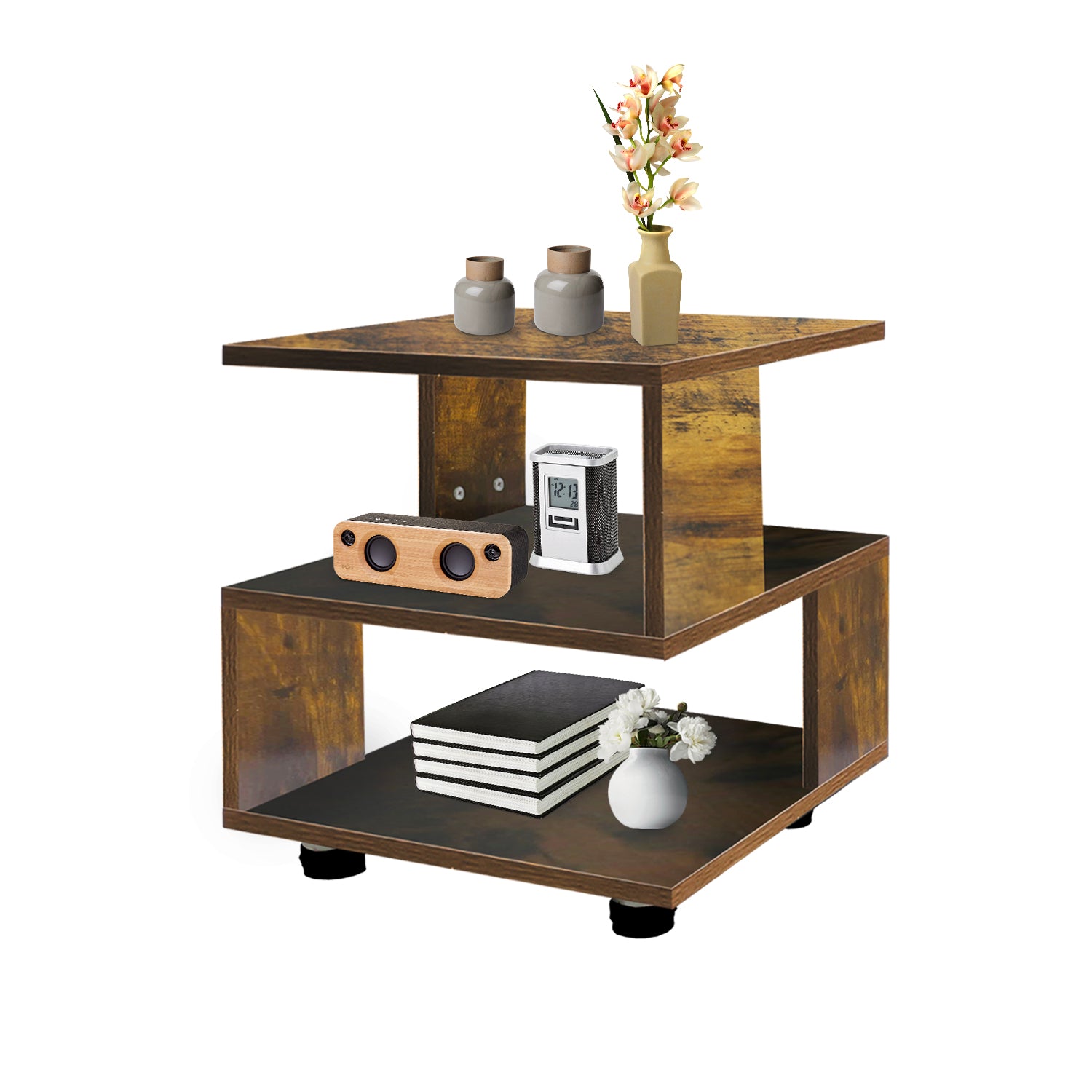 J.M.Deco BROWN & BEIGE Nightstand Japanese Tatami Style Small End Table 2 Tiers Sofa Side Table for Livingroom  Rectangle Hollow Design Night Stand Storage Rustic Bedside Table for Bedroom Main
