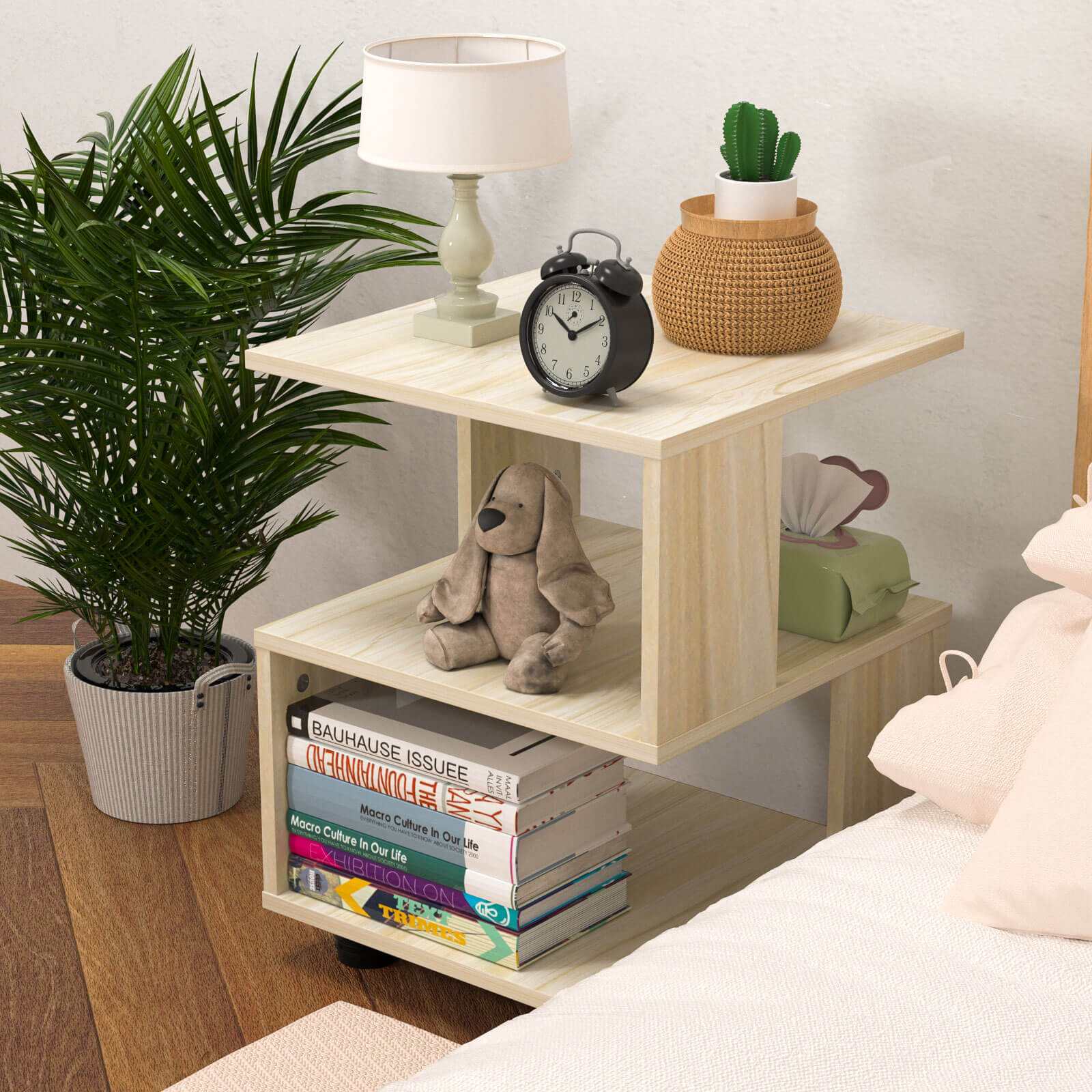 J.M.Deco Nightstand   2-Tier Paulownia Wood Side Table beige side