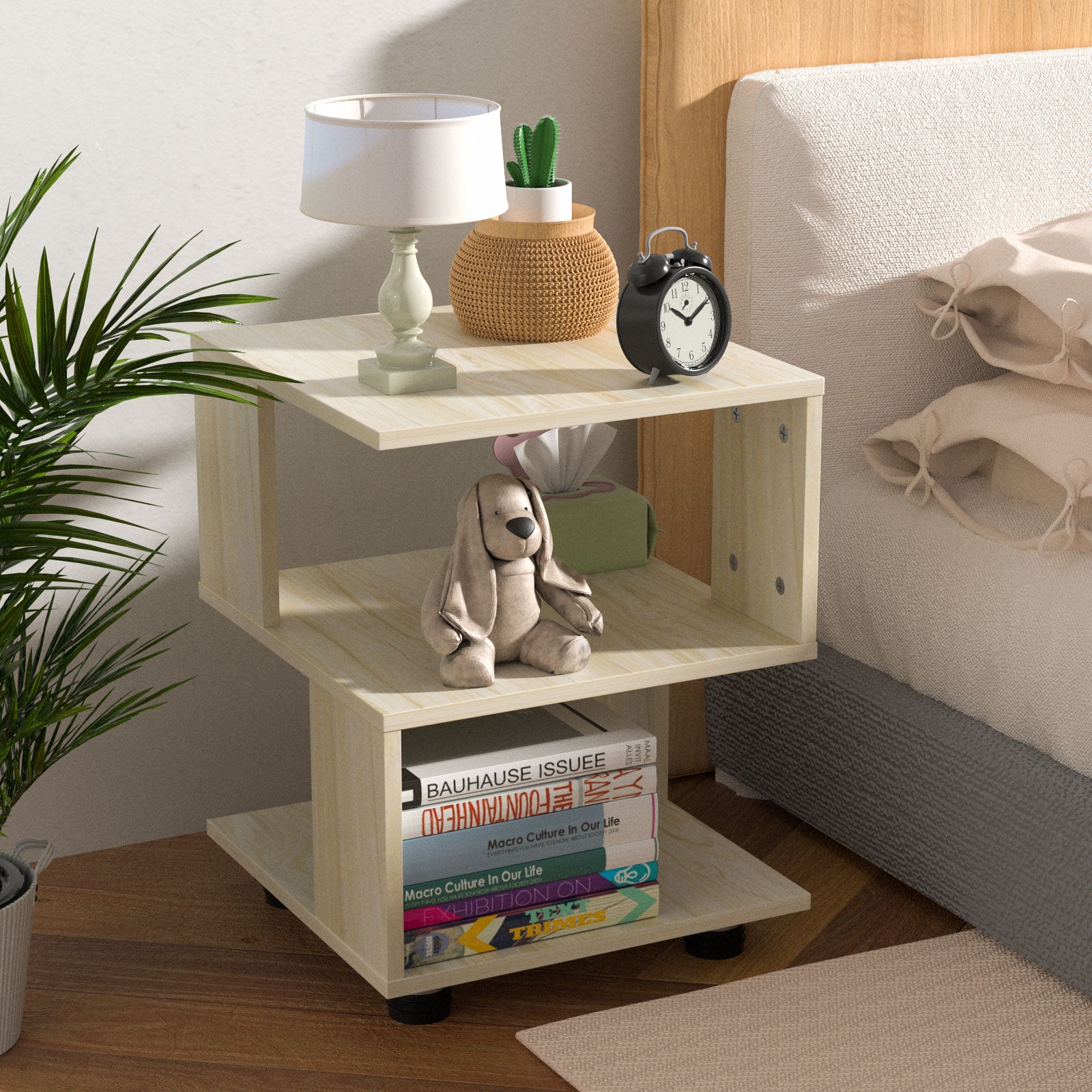 J.M.Deco BROWN & BEIGE Nightstand Japanese Tatami Style Small End Table 2 Tiers Sofa Side Table for Livingroom  Rectangle Hollow Design Night Stand Storage Rustic Bedside Table for Bedroom natural beige front