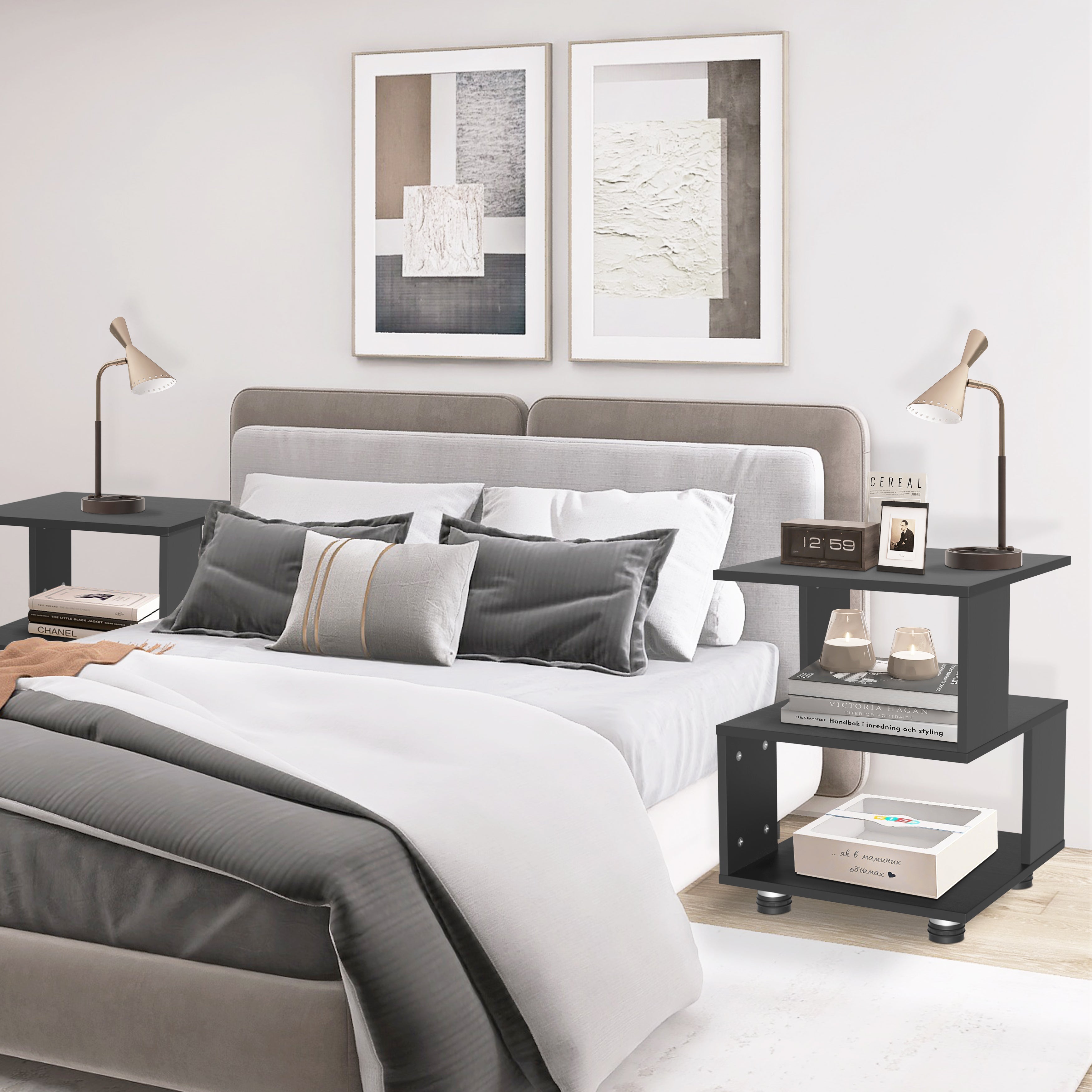 J.M.Deco Magic Cube Nightstand Modern Fashion Style 2-Tier Rectangular Hollow Design Side Table  Sofa Storage Shelf in use
