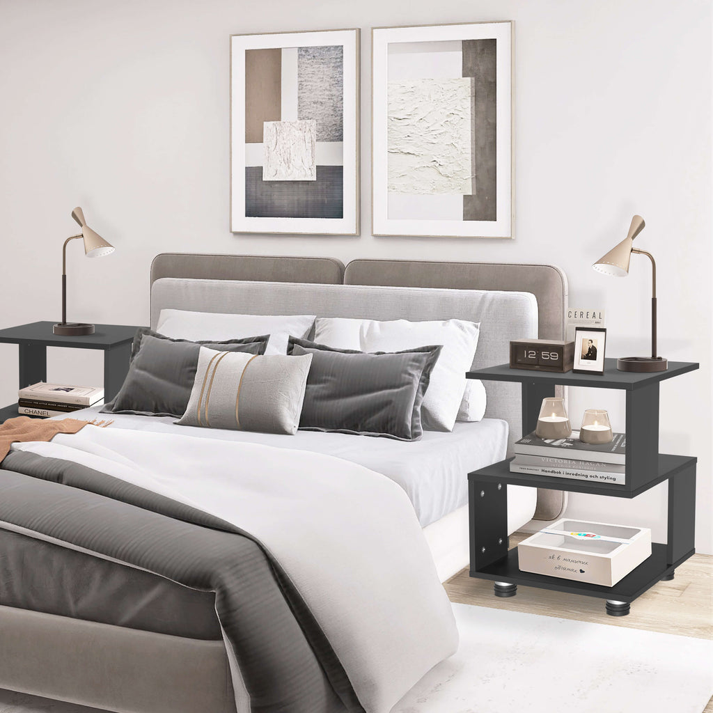 J.M.Deco Magic Cube Nightstand  2-Tier Paulownia Wood Side Table 16"x16"x18" black by the bed