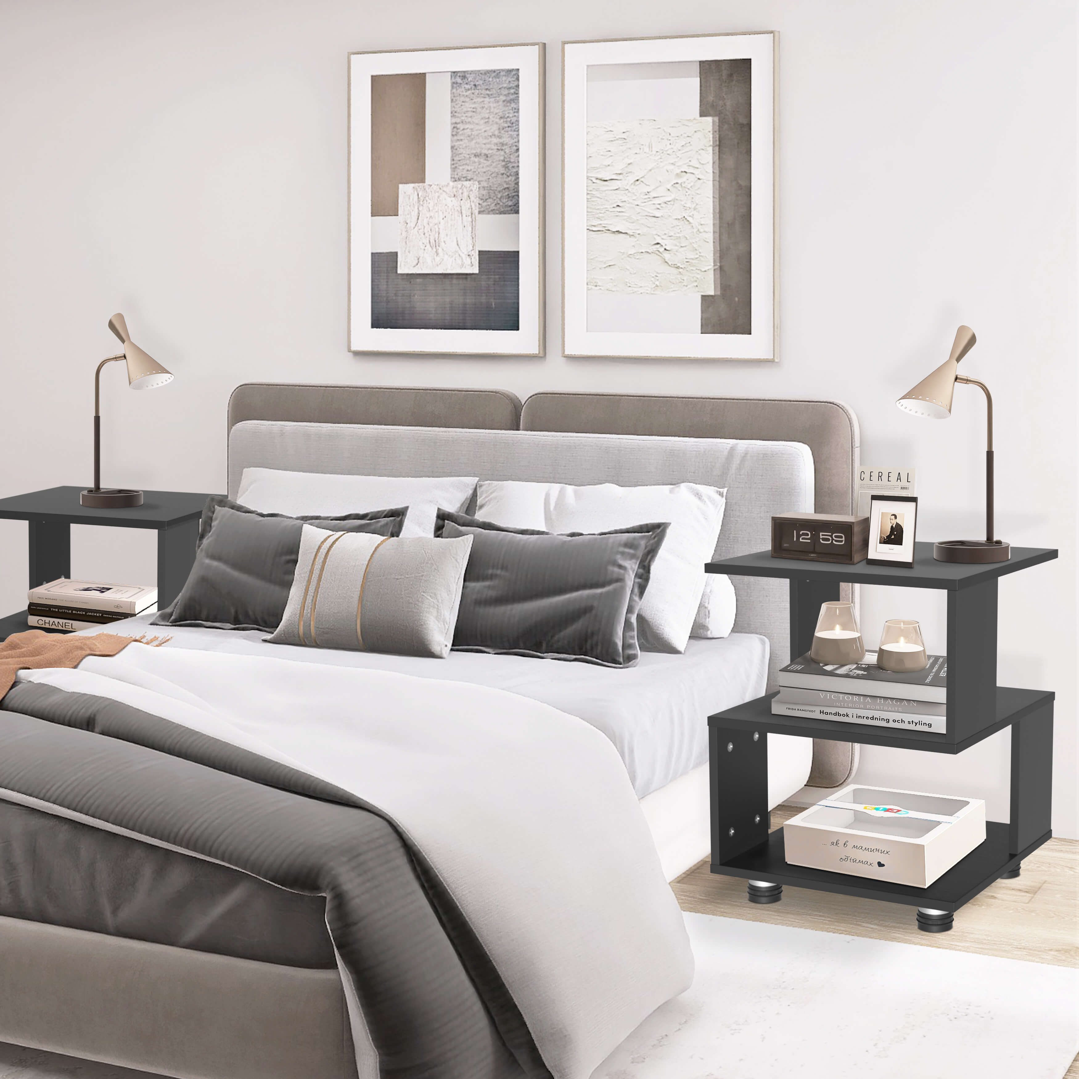 J.M.Deco Magic Cube Nightstand  2-Tier Paulownia Wood Side Table 16"x16"x18" black by the bed