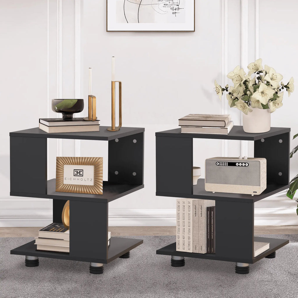 J.M.Deco Magic Cube Nightstand  2-Tier Paulownia Wood Side Table 16"x16"x18" black front