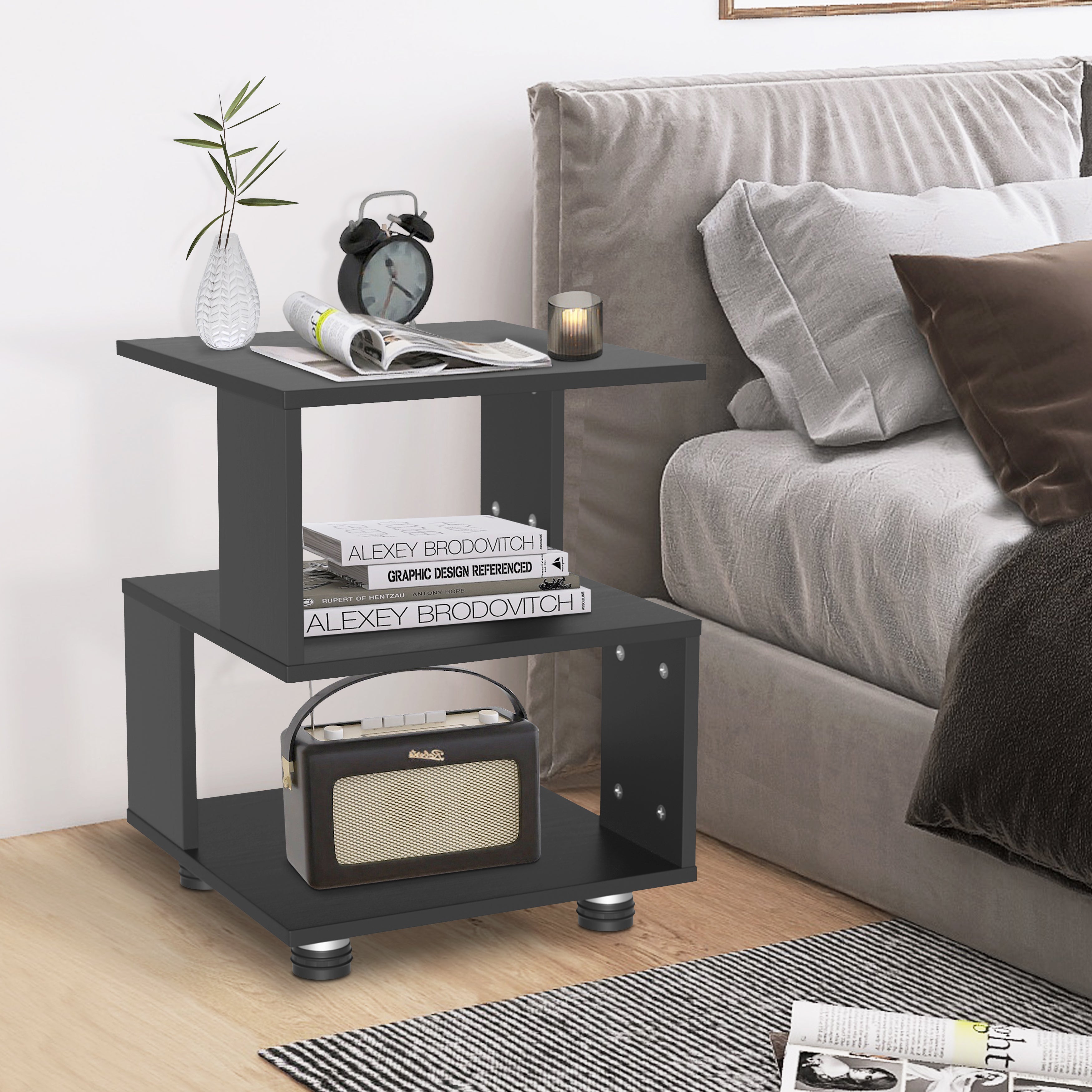 J.M.Deco Magic Cube Nightstand Modern Fashion Style 2-Tier Rectangular Hollow Design Side Table  Sofa Storage Shelf black front