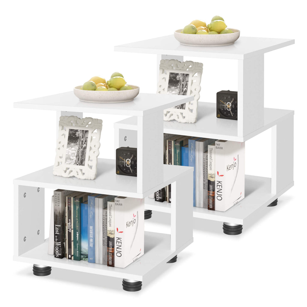 J.M.Deco Magic Cube Nightstand  2-Tier Paulownia Wood Side Table 16"x16"x18" white front
