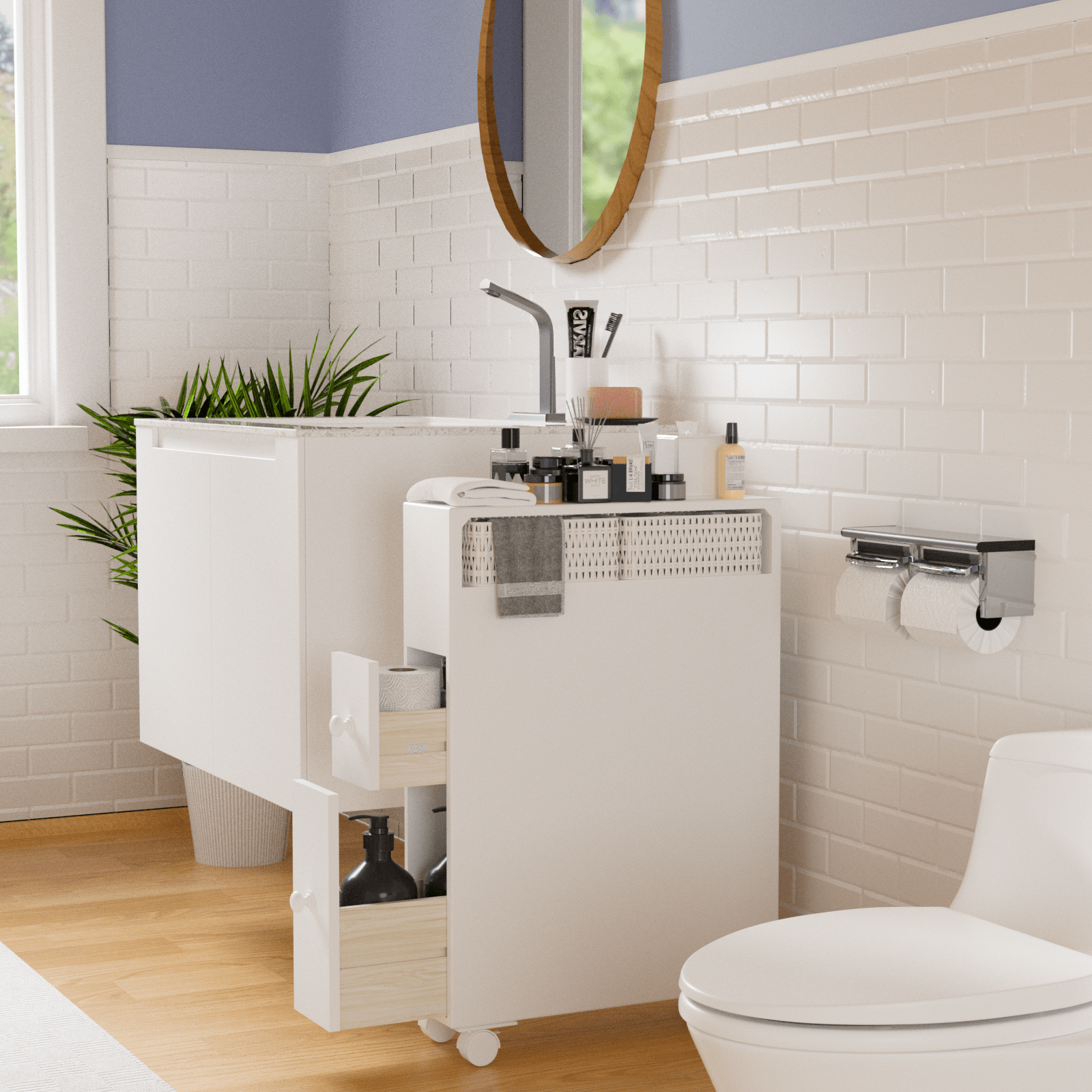J.M.Deco Slim Bathroom Storage Cabinet   2 Drawers & Shelf  Movable in use