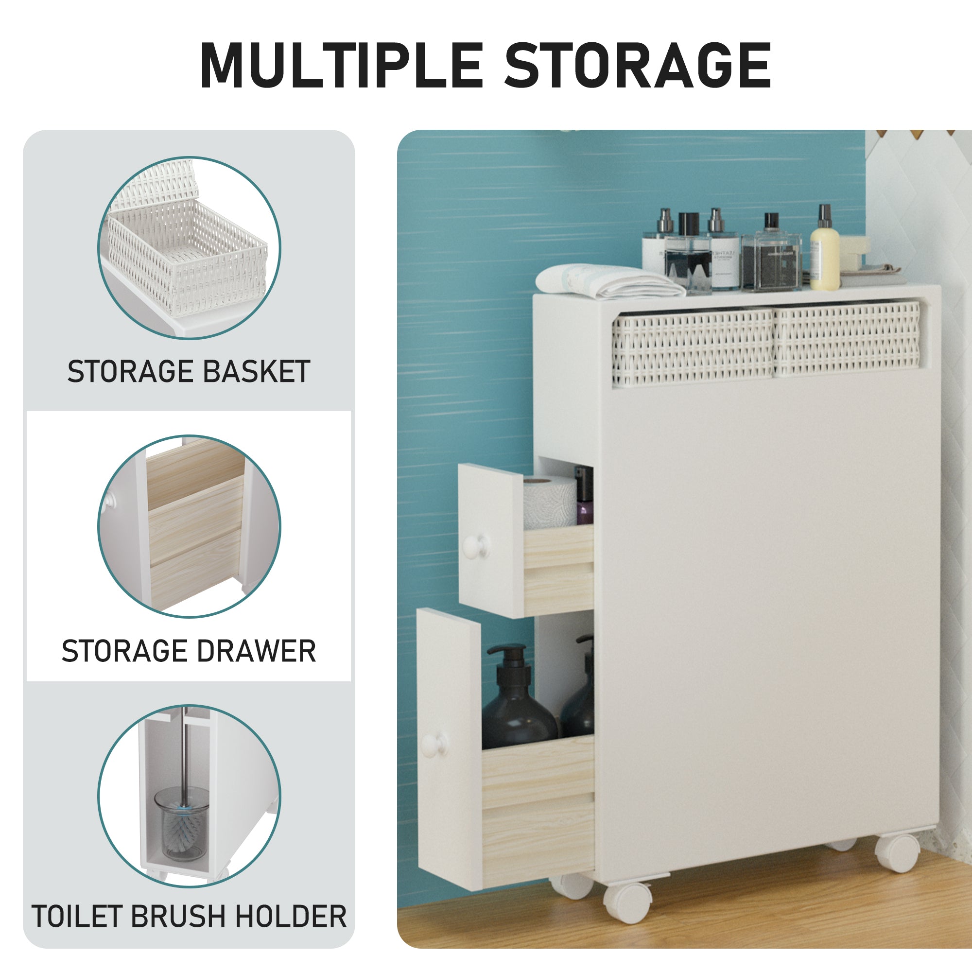 J.M.Dco Bathroom Organizers and Storage Slim Bathroom Storage Cabinet Toilet Paper Storage  Movable Cabinet with 2 Drawers and Shelf Corner Shelves Side Organizer Toilet storage