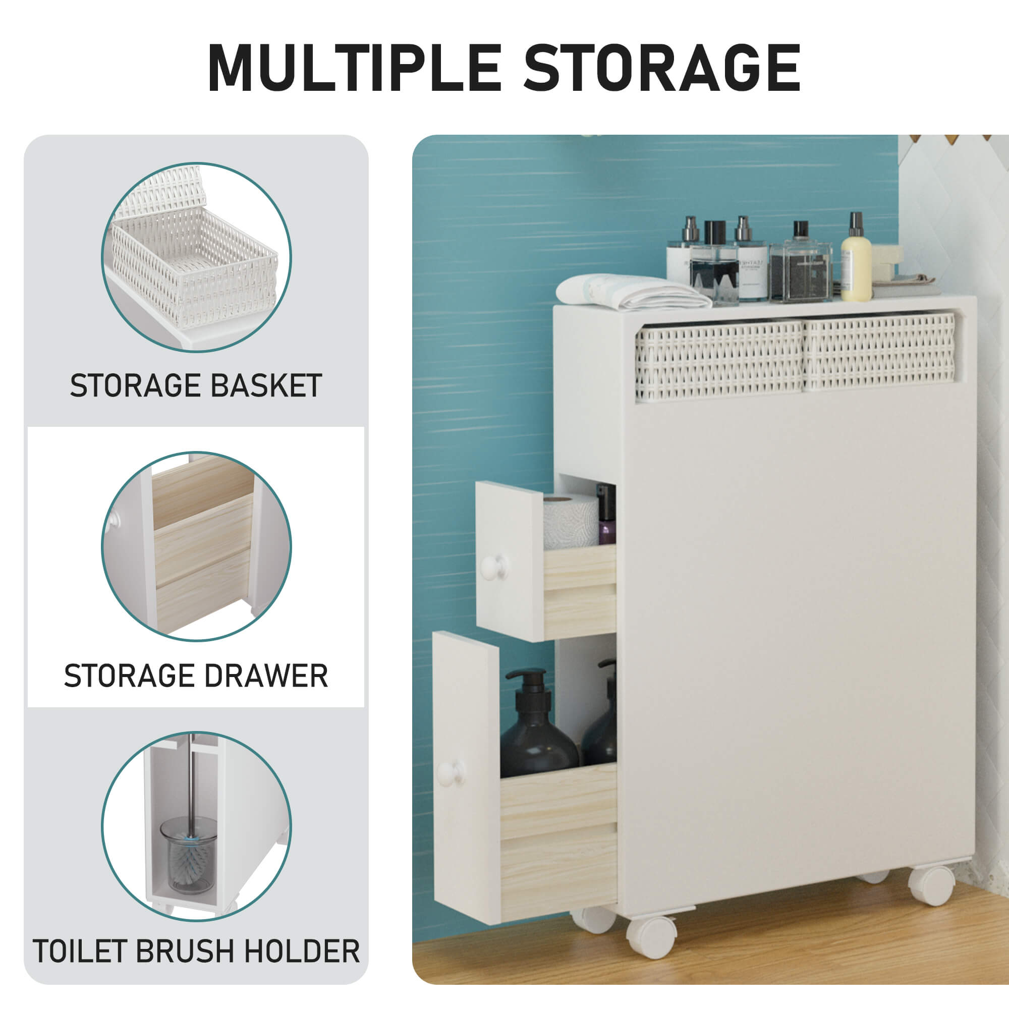J.M.Deco Slim Bathroom Storage Cabinet | 2 Drawers | Movable Organizer