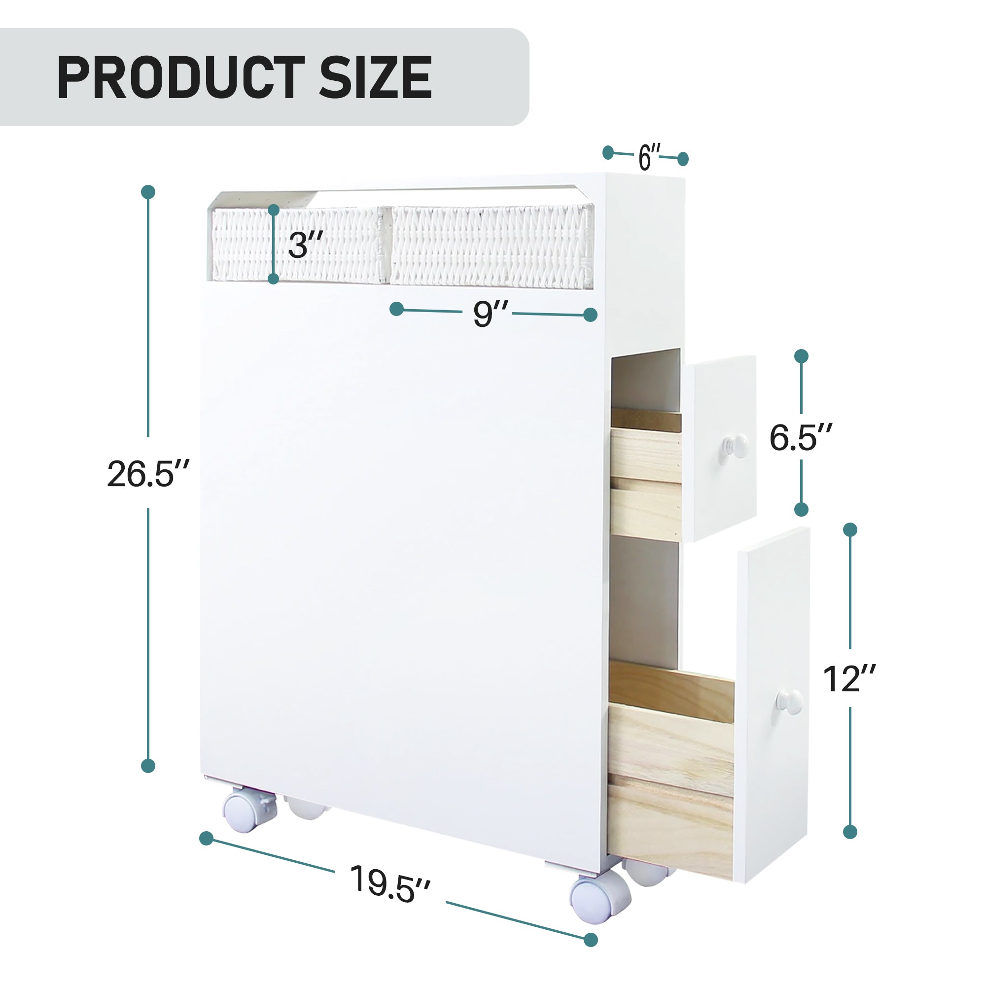 J.M.Dco Bathroom Organizers and Storage Slim Bathroom Storage Cabinet Toilet Paper Storage  Movable Cabinet with 2 Drawers and Shelf Corner Shelves Side Organizer Toilet size