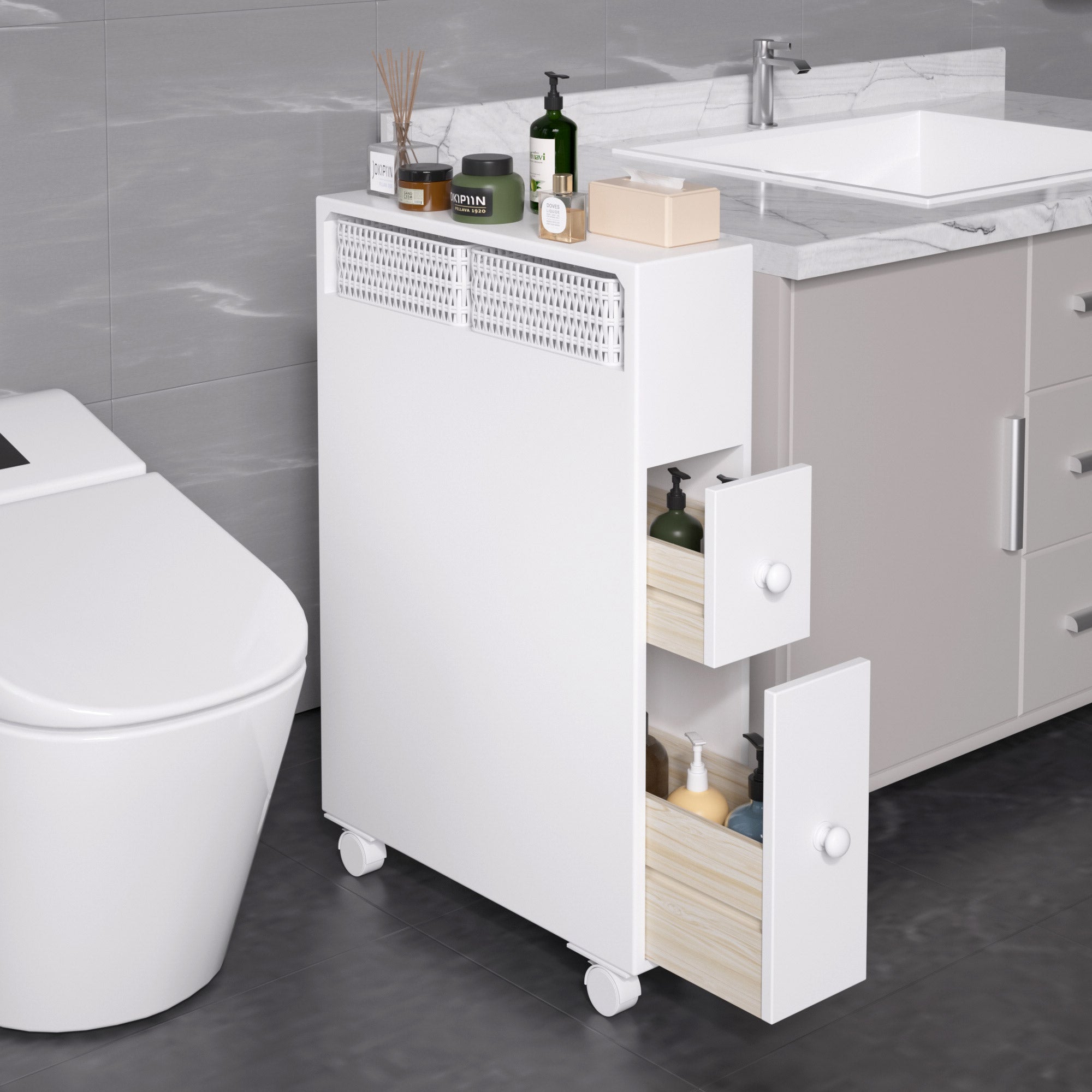 J.M.Dco Bathroom Organizers and Storage Slim Bathroom Storage Cabinet Toilet Paper Storage  Movable Cabinet with 2 Drawers and Shelf Corner Shelves Side Organizer Toilet use
