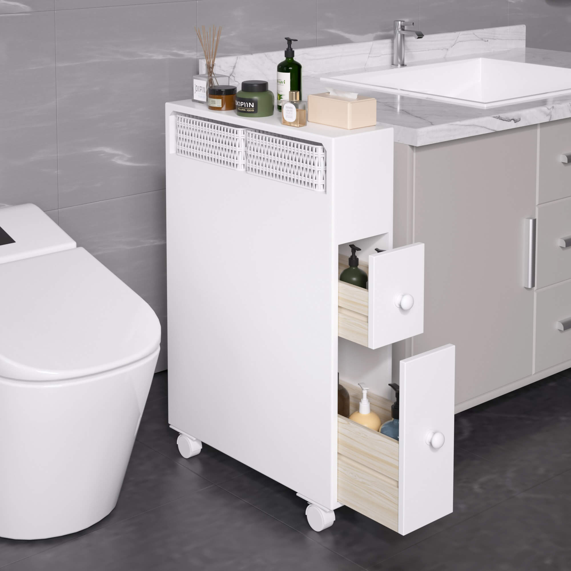 J.M.Deco Slim Bathroom Storage Cabinet   2 Drawers & Shelf  Movable side
