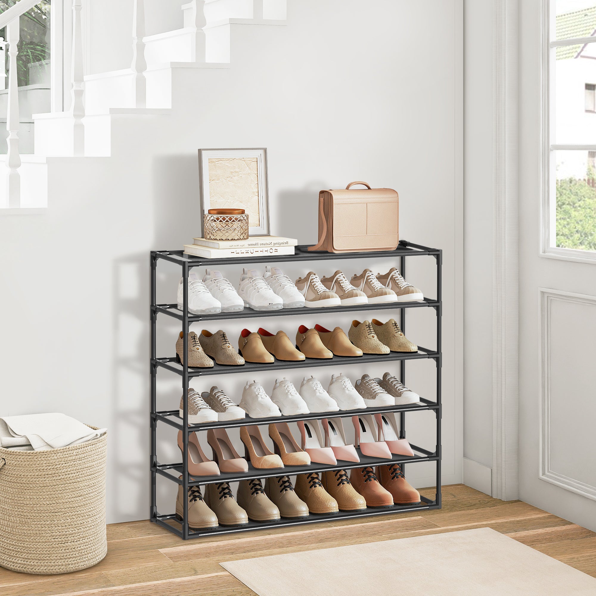 J.M.Deco Shoe Rack Organizer  Sturdy Metal Pipes & Durable Non-Woven Fabric  Entryway Space Shoe Rack (Black) front