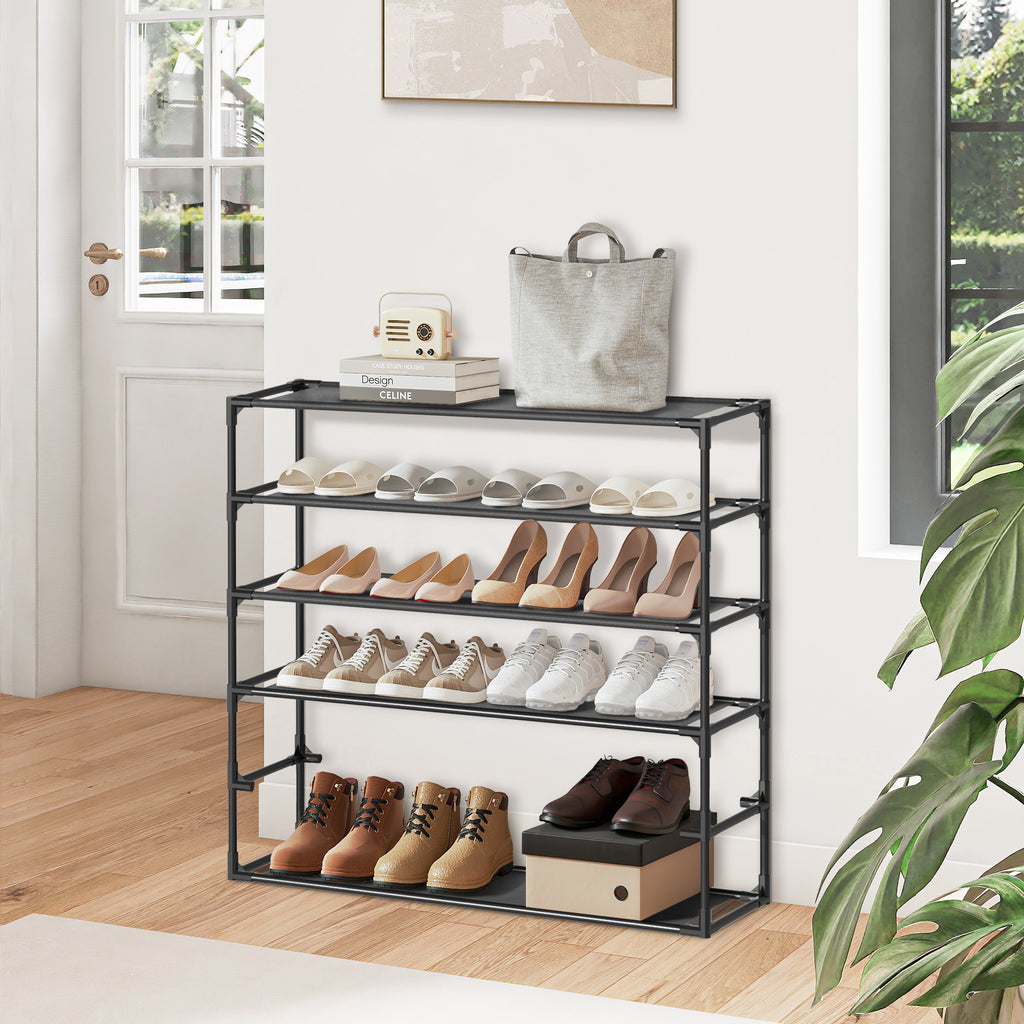 J.M.Deco Shoe Rack Organizer  Sturdy Metal Pipes & Durable Non-Woven Fabric  Entryway Space Shoe Rack (Black) in use