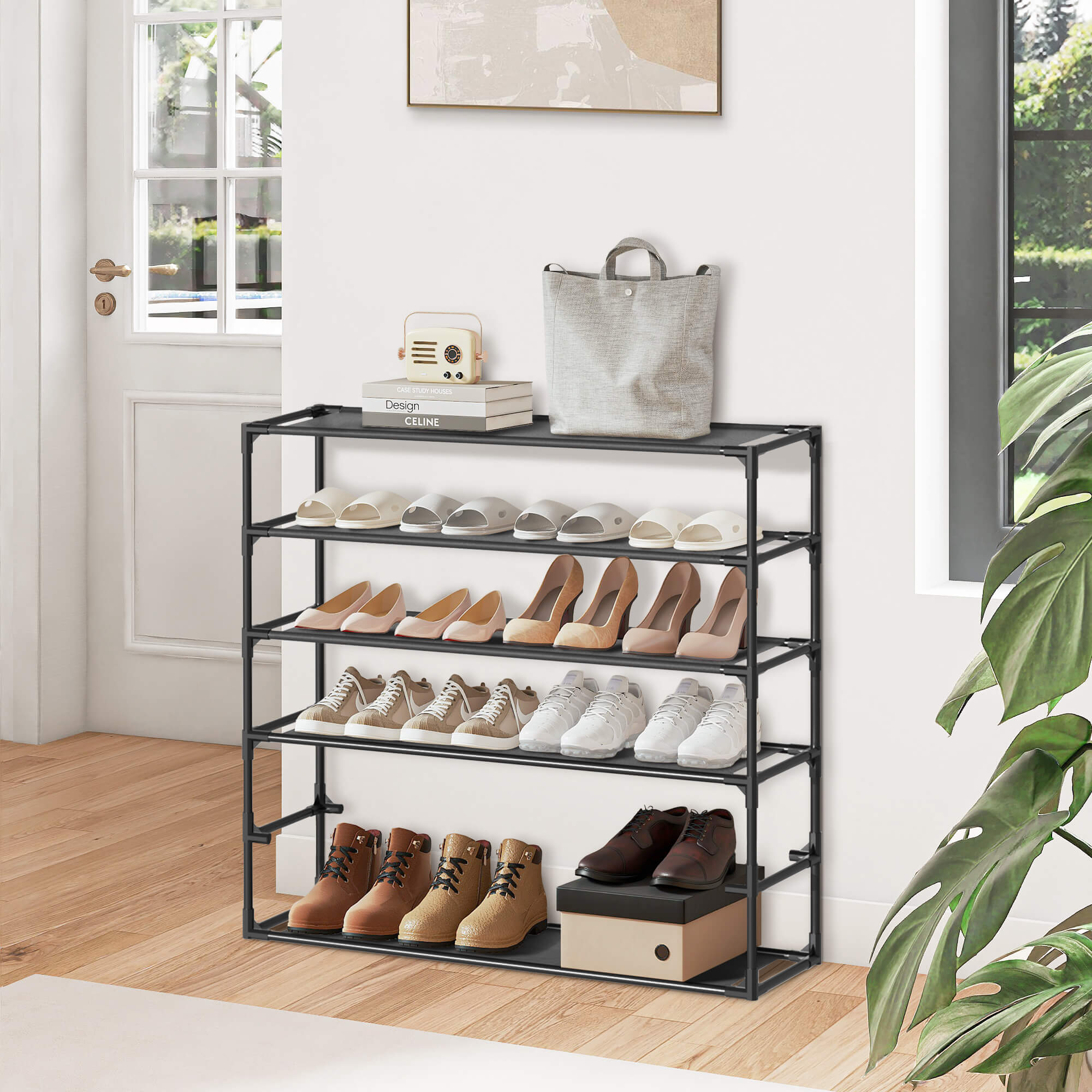 J.M.Deco 4-Tier Shoe Rack Organizer Set of 2  Metal & Non-Woven  Black in use