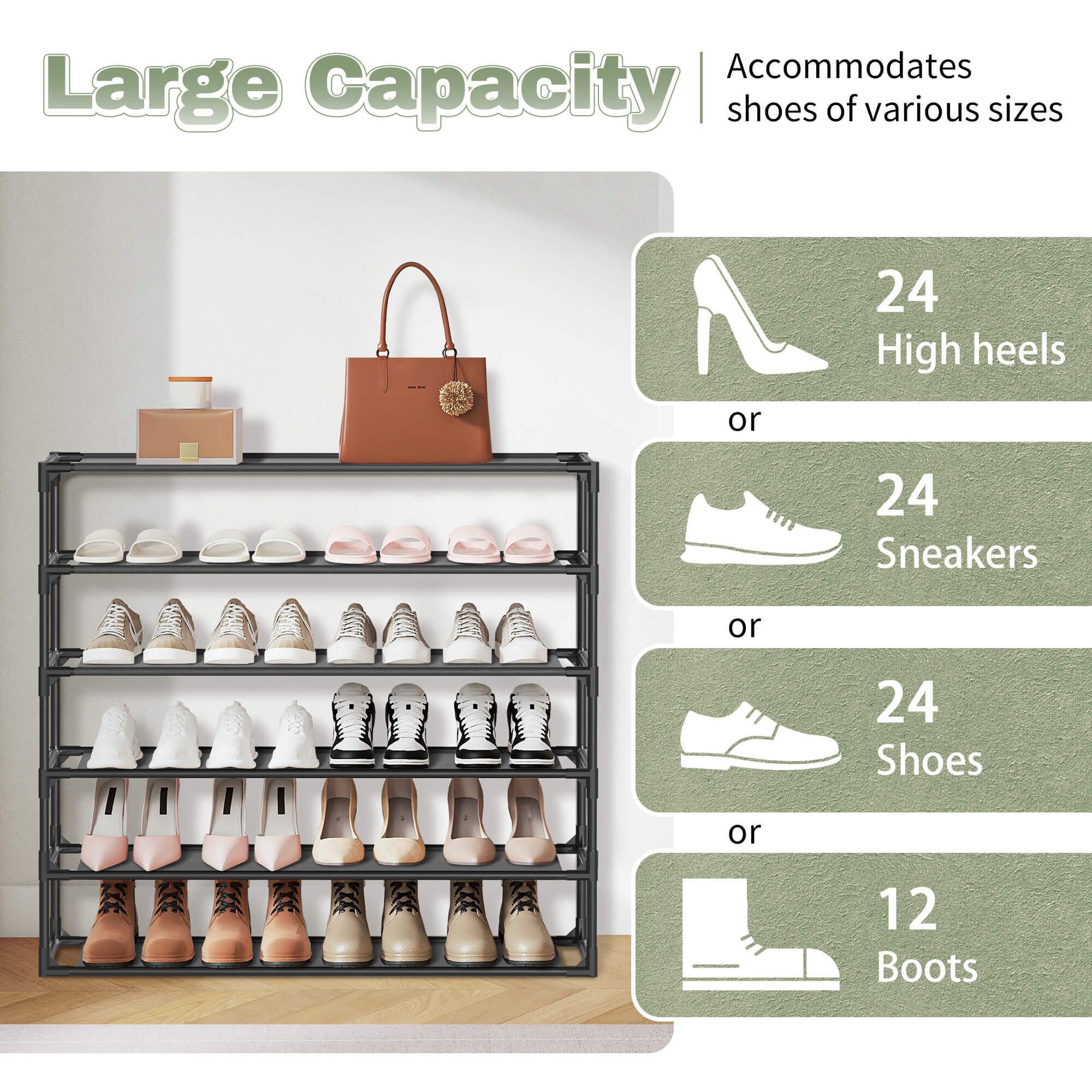 J.M.Deco 4-Tier Shoe Rack Organizer Set of 2  Metal & Non-Woven  Black largr capacity