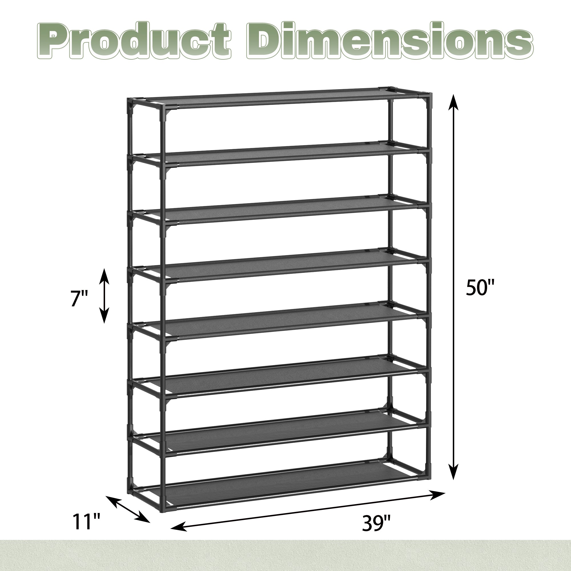 J.M.Deco Shoe Rack Organizer  Sturdy Metal Pipes & Durable Non-Woven Fabric  Entryway Space Shoe Rack (Black) 8 tiers