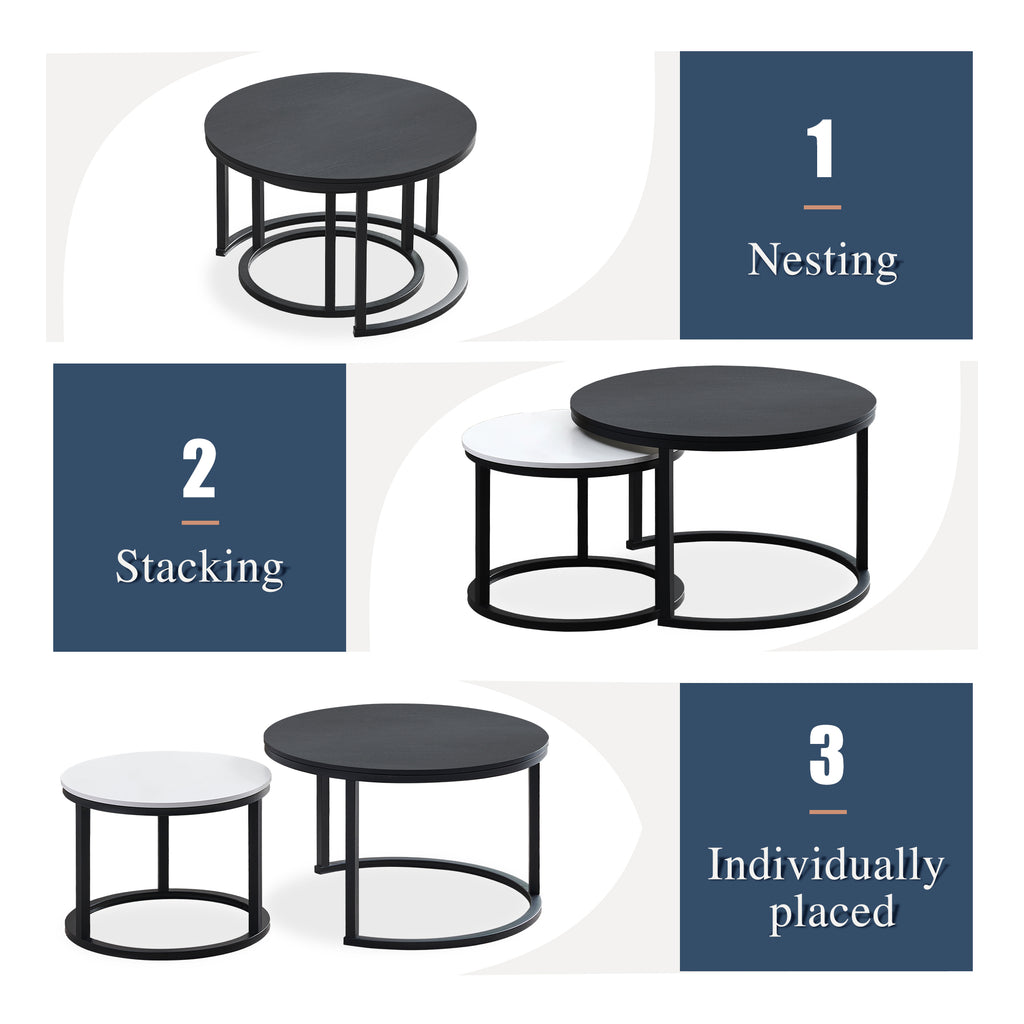 J.M.Deco Nesting Tables for Small Spaces 27.5" Round Industrial Farmhouse Set of 2 Coffee Table  Space-Saving Living Room  Bedside  Apartment Furniture black and white flexible layout