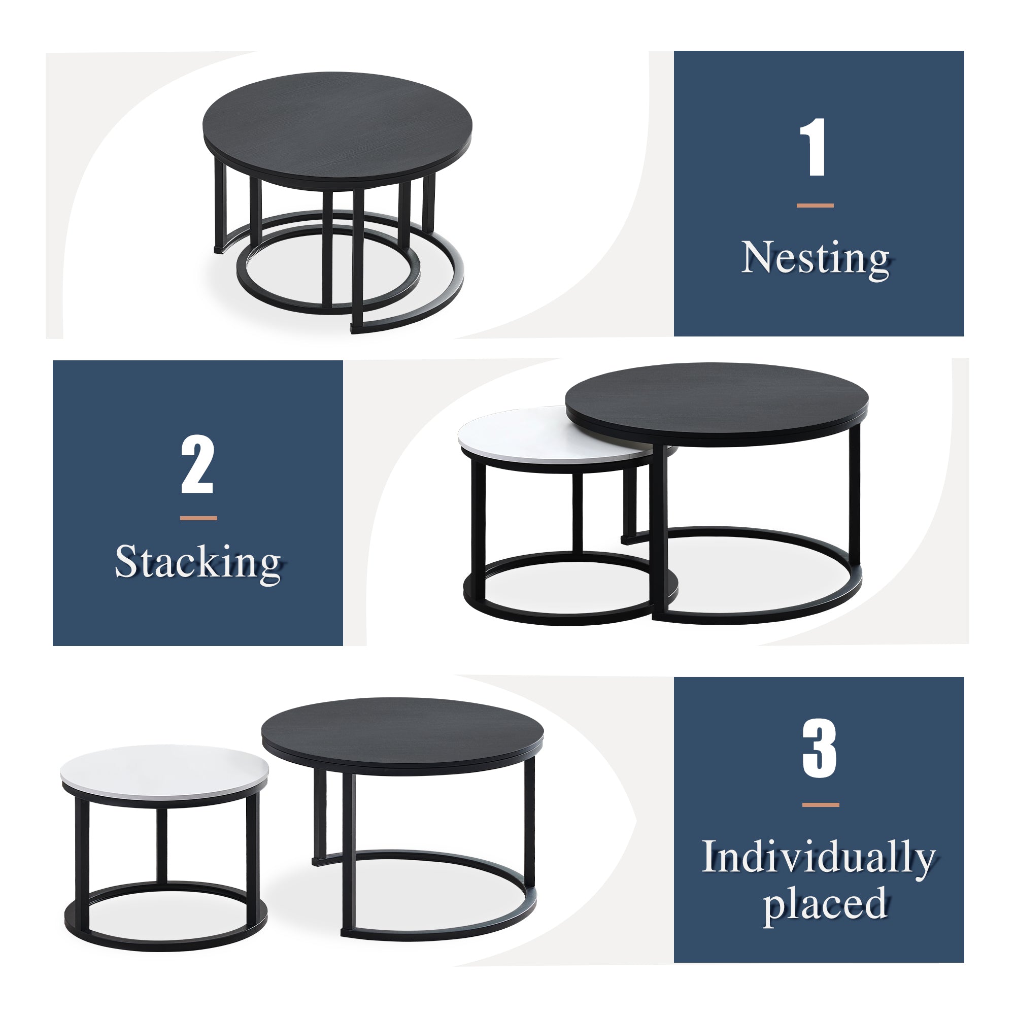 J.M.Deco Nesting Tables for Small Spaces 27.5" Round Industrial Farmhouse Set of 2 Coffee Table  Space-Saving Living Room  Bedside  Apartment Furniture black and white flexible layout