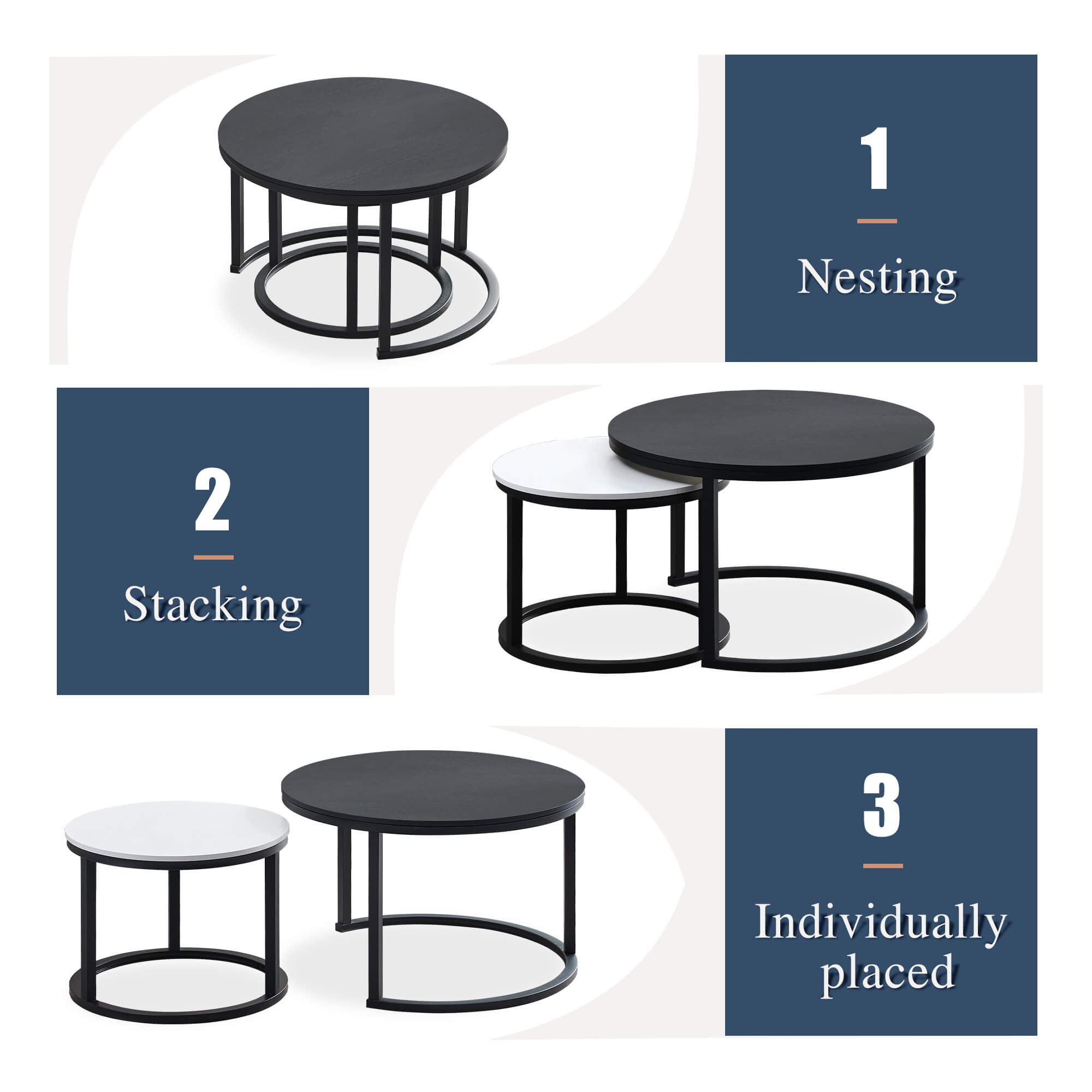 J.M.Deco Round Nesting Coffee Table Set of 2   27.5"  Industrial Farmhouse Space-Saving usage method