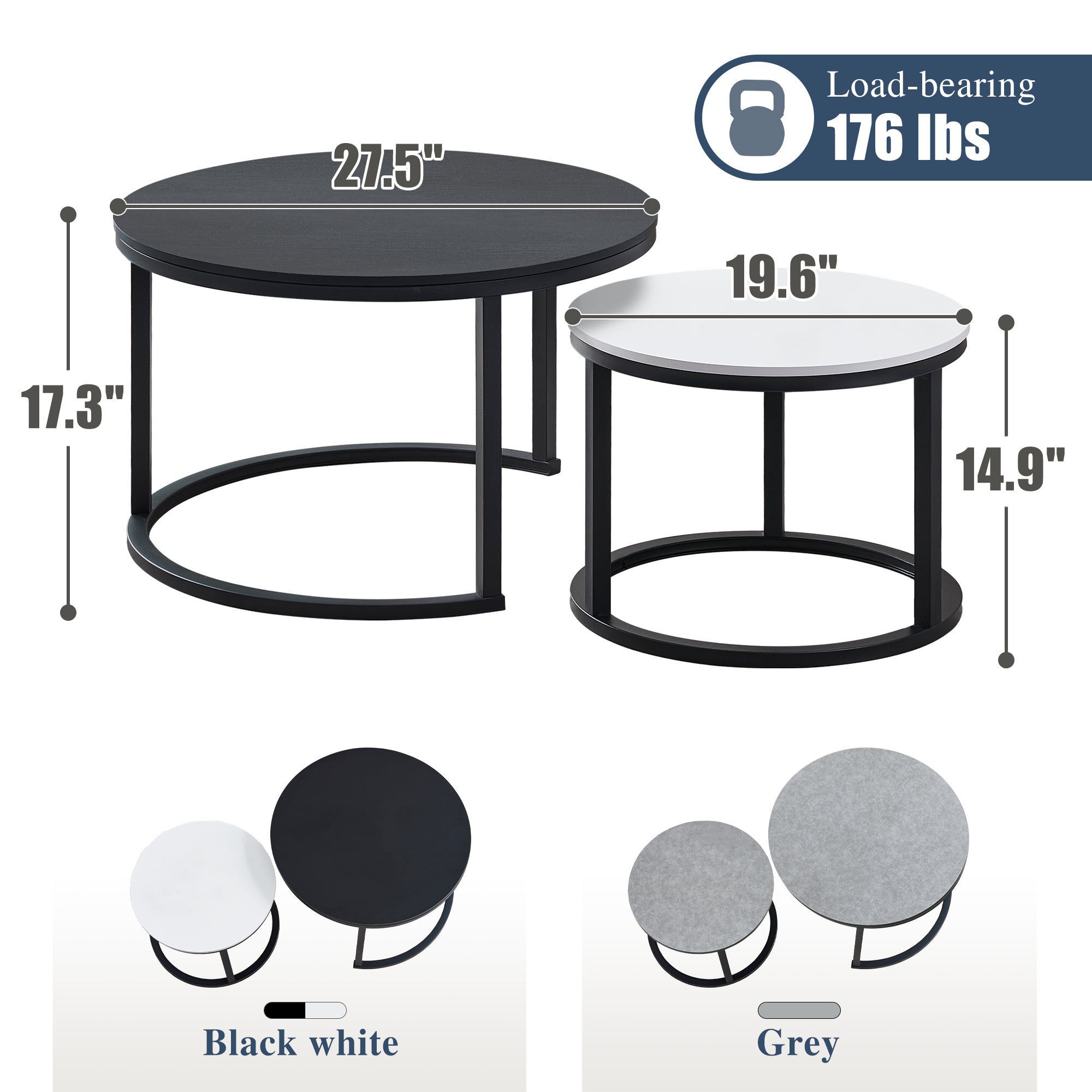 J.M.Deco Nesting Tables for Small Spaces 27.5" Round Industrial Farmhouse Set of 2 Coffee Table  Space-Saving Living Room  Bedside  Apartment Furniture size and color selection