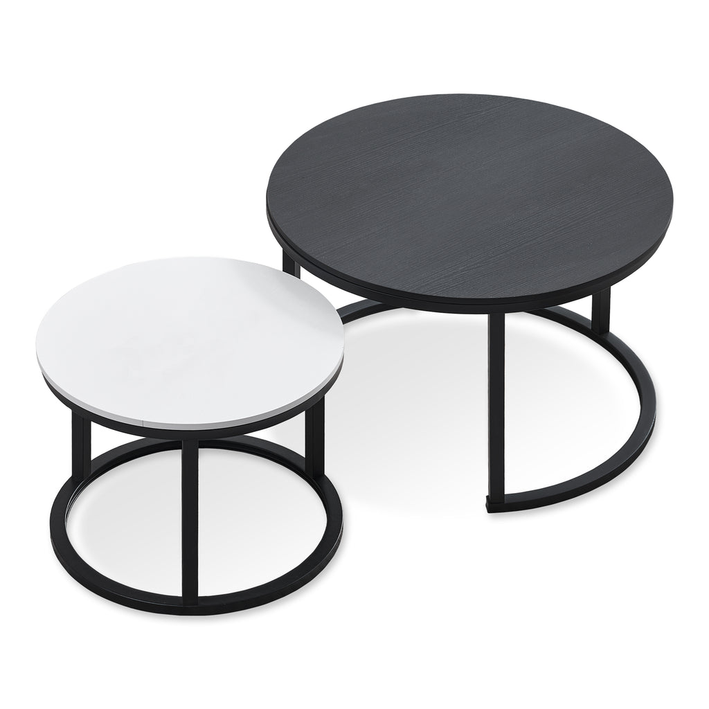 J.M.Deco Nesting Tables for Small Spaces 27.5" Round Industrial Farmhouse Set of 2 Coffee Table  Space-Saving Living Room  Bedside  Apartment Furniture black and white top