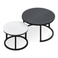 J.M.Deco Nesting Tables for Small Spaces 27.5" Round Industrial Farmhouse Set of 2 Coffee Table  Space-Saving Living Room  Bedside  Apartment Furniture black and white top