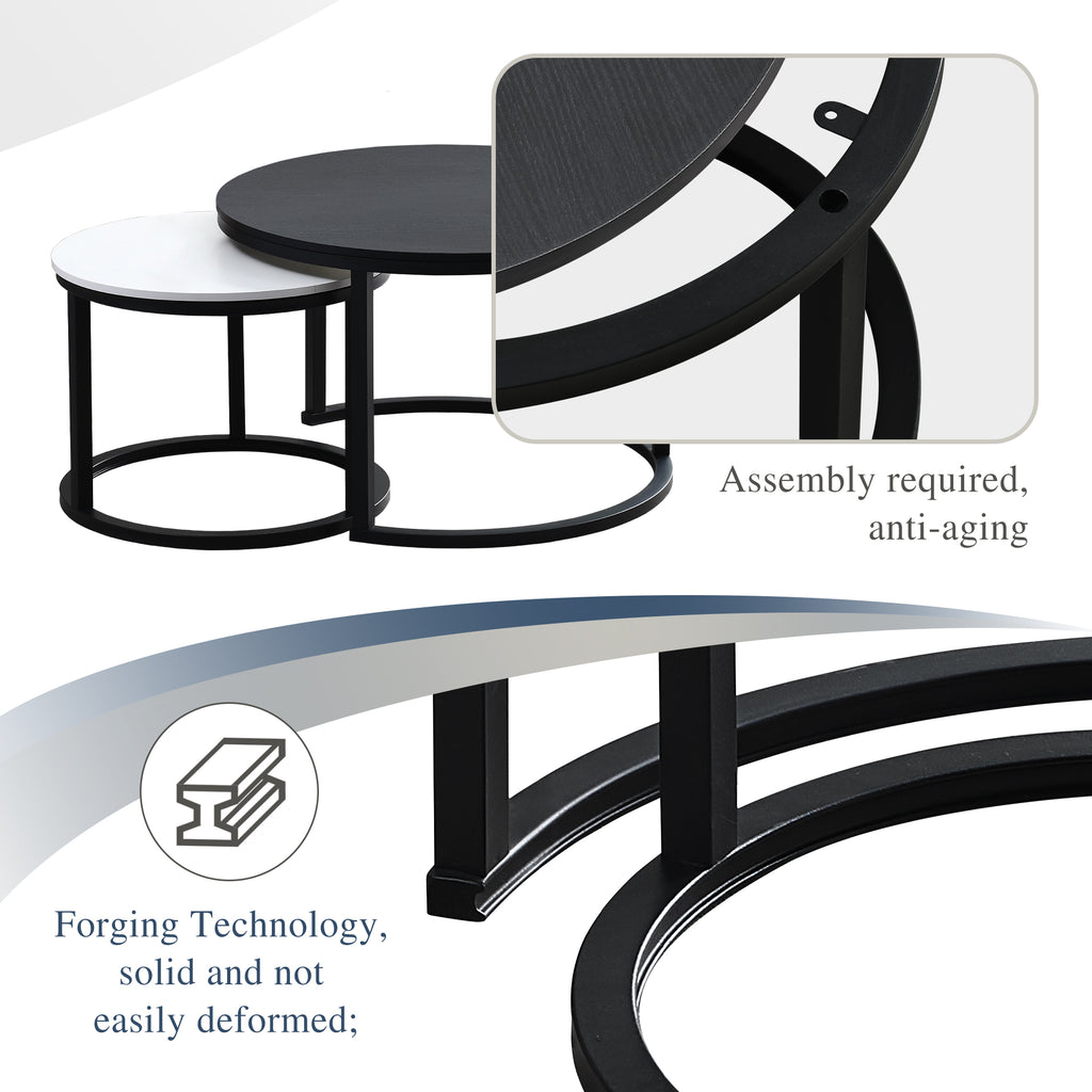 J.M.Deco Nesting Tables for Small Spaces 27.5" Round Industrial Farmhouse Set of 2 Coffee Table  Space-Saving Living Room  Bedside  Apartment Furniture black and white assembly