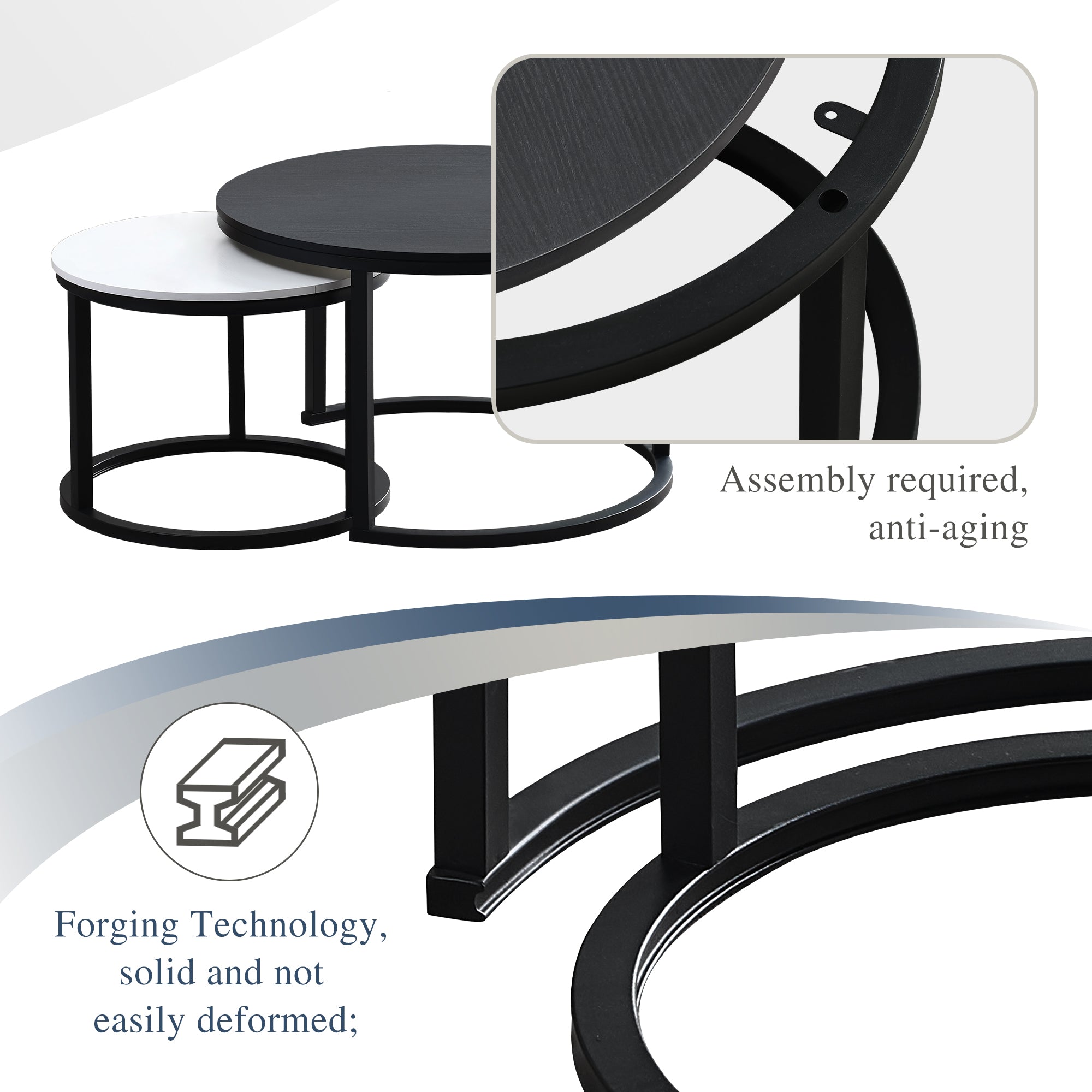 J.M.Deco Nesting Tables for Small Spaces 27.5" Round Industrial Farmhouse Set of 2 Coffee Table  Space-Saving Living Room  Bedside  Apartment Furniture black and white assembly