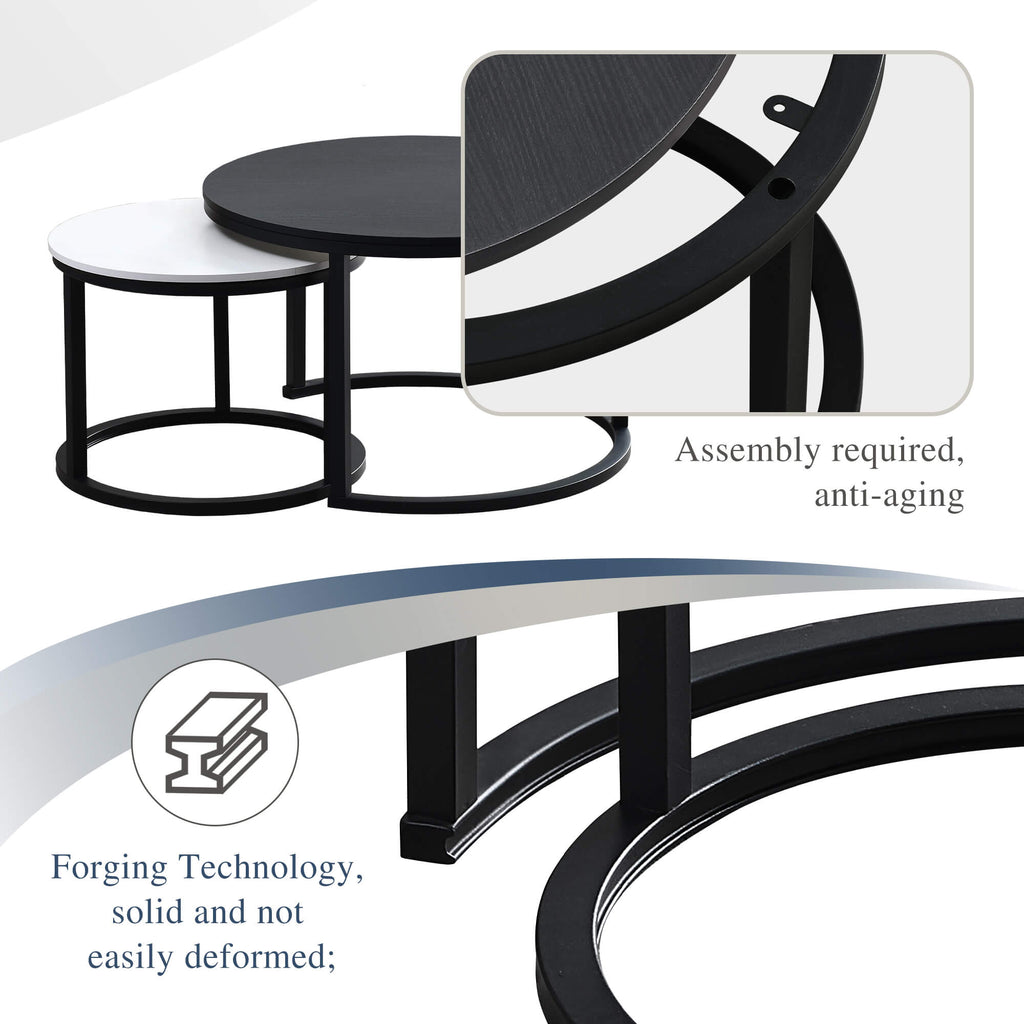 J.M.Deco Round Nesting Coffee Table Set of 2   27.5"  Industrial Farmhouse Space-Saving detials