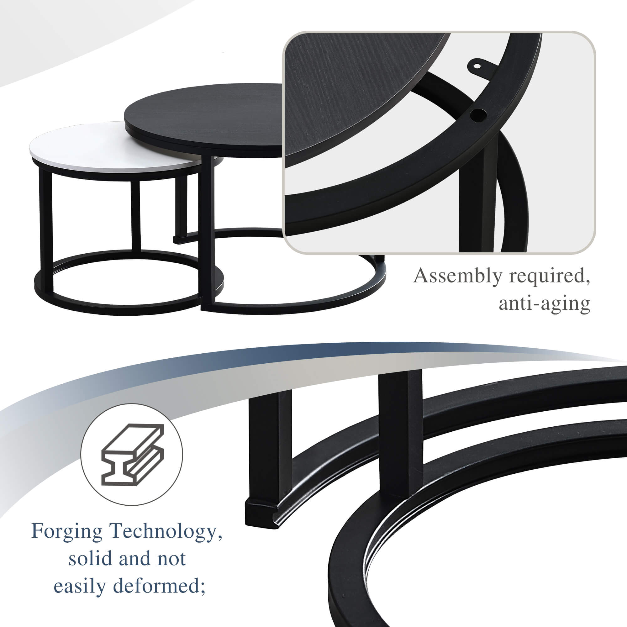 J.M.Deco Round Nesting Coffee Table Set of 2   27.5"  Industrial Farmhouse Space-Saving detials