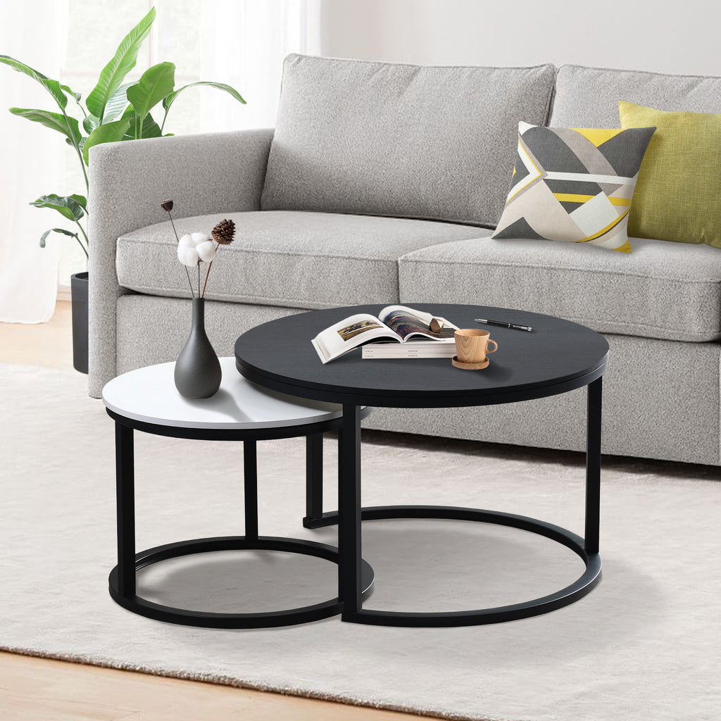 J.M.Deco Nesting Tables for Small Spaces 27.5" Round Industrial Farmhouse Set of 2 Coffee Table  Space-Saving Living Room  Bedside  Apartment Furniture black and white nesting