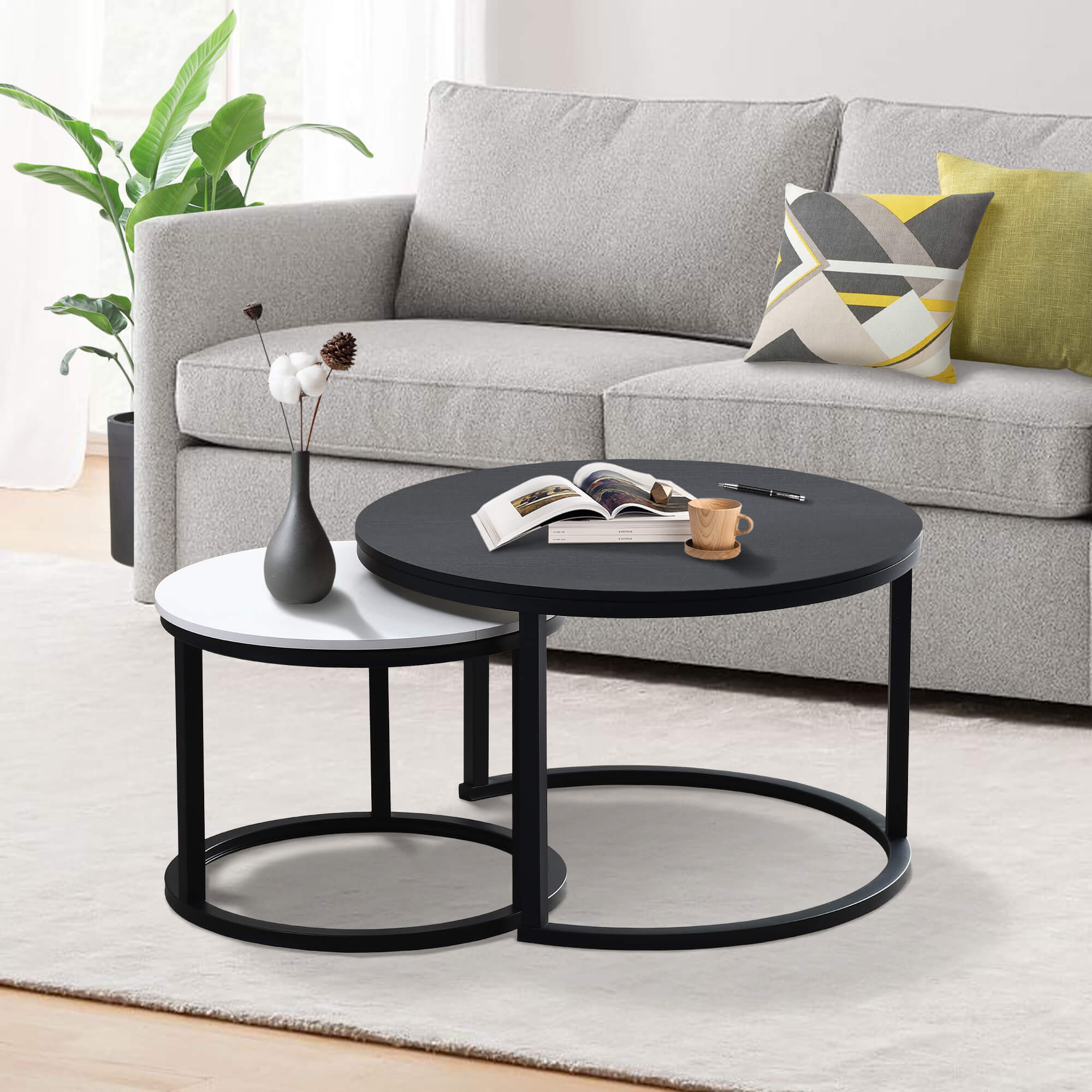 J.M.Deco Round Nesting Coffee Table Set of 2   27.5"  Industrial Farmhouse Space-Saving stacking