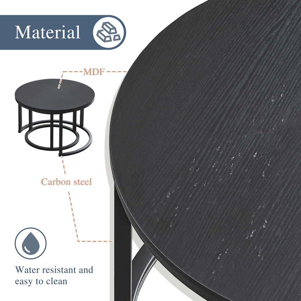 J.M.Deco Nesting Tables for Small Spaces 27.5" Round Industrial Farmhouse Set of 2 Coffee Table  Space-Saving Living Room  Bedside  Apartment Furniture black and white material