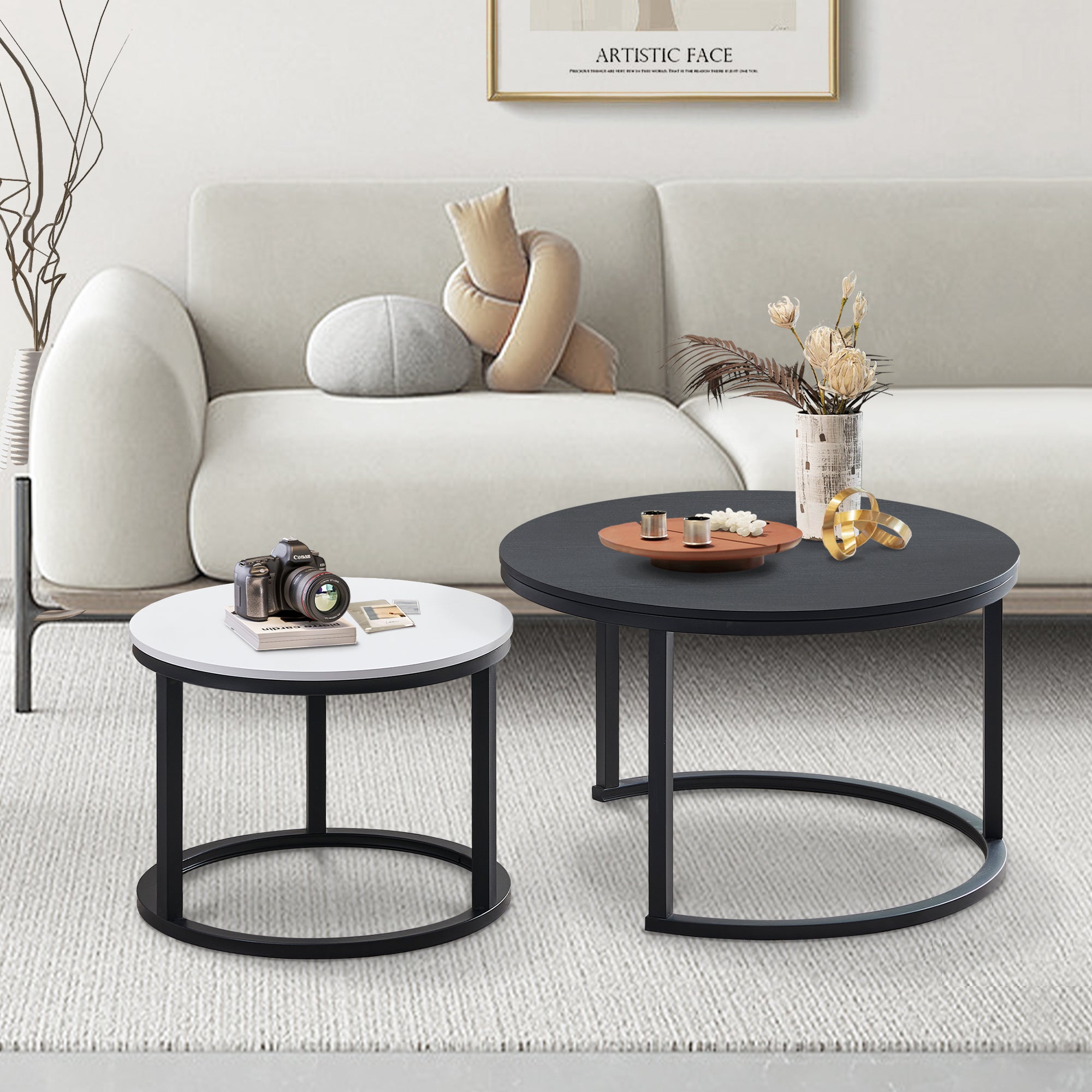 J.M.Deco Nesting Tables for Small Spaces 27.5" Round Industrial Farmhouse Set of 2 Coffee Table  Space-Saving Living Room  Bedside  Apartment Furniture black and white individually placed