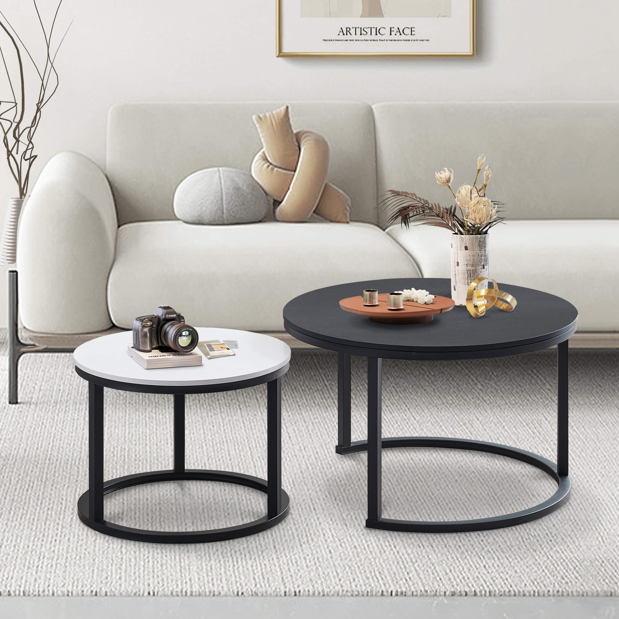 J.M.Deco Round Nesting Coffee Table Set of 2   27.5"  Industrial Farmhouse Space-Saving individually placed